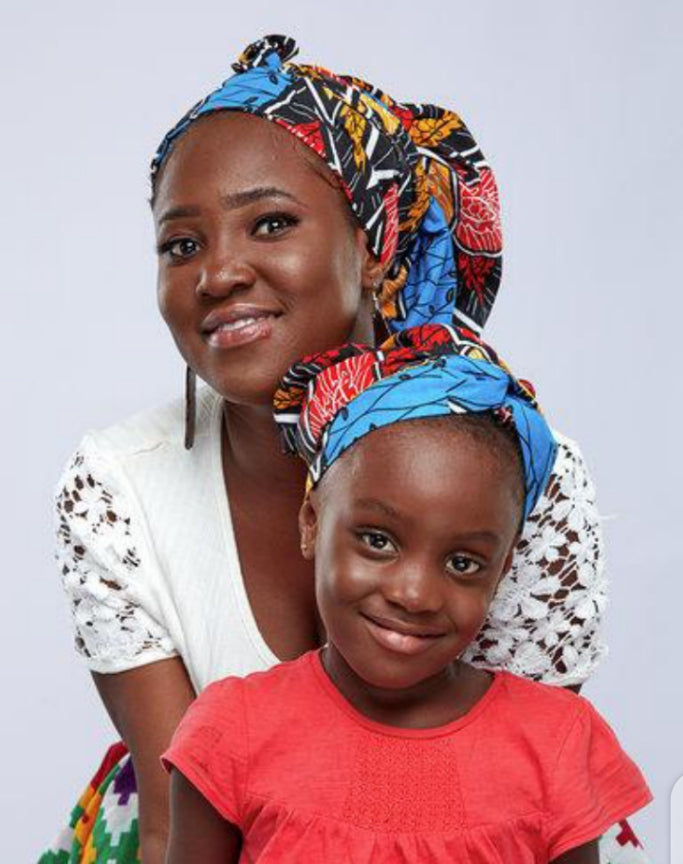 Blue, Red, Gold, And Black Ankara Wax Print Silk Lined Kids Bonnet With 13 Inches Band