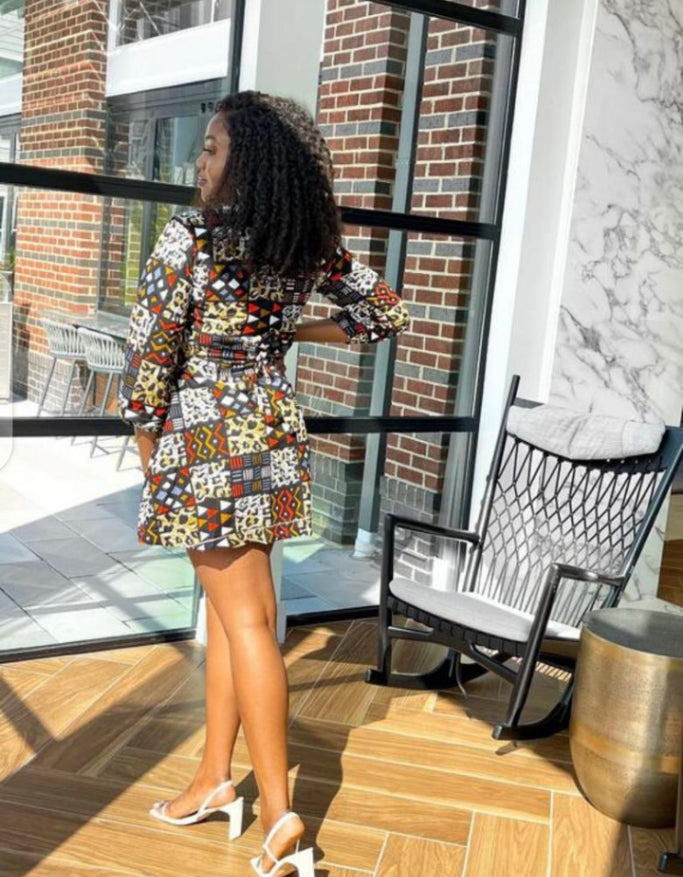 Red , Yellow, White And Black Ankara Wax Print Long Sleeve With Front Zip Mid Loose Dress