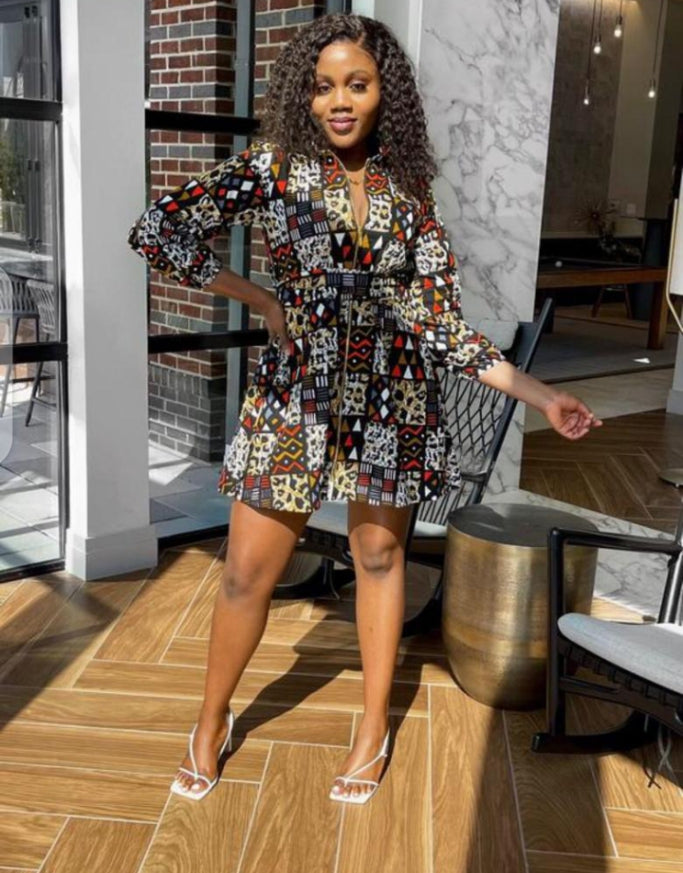 Red , Yellow, White And Black Ankara Wax Print Long Sleeve With Front Zip Mid Loose Dress