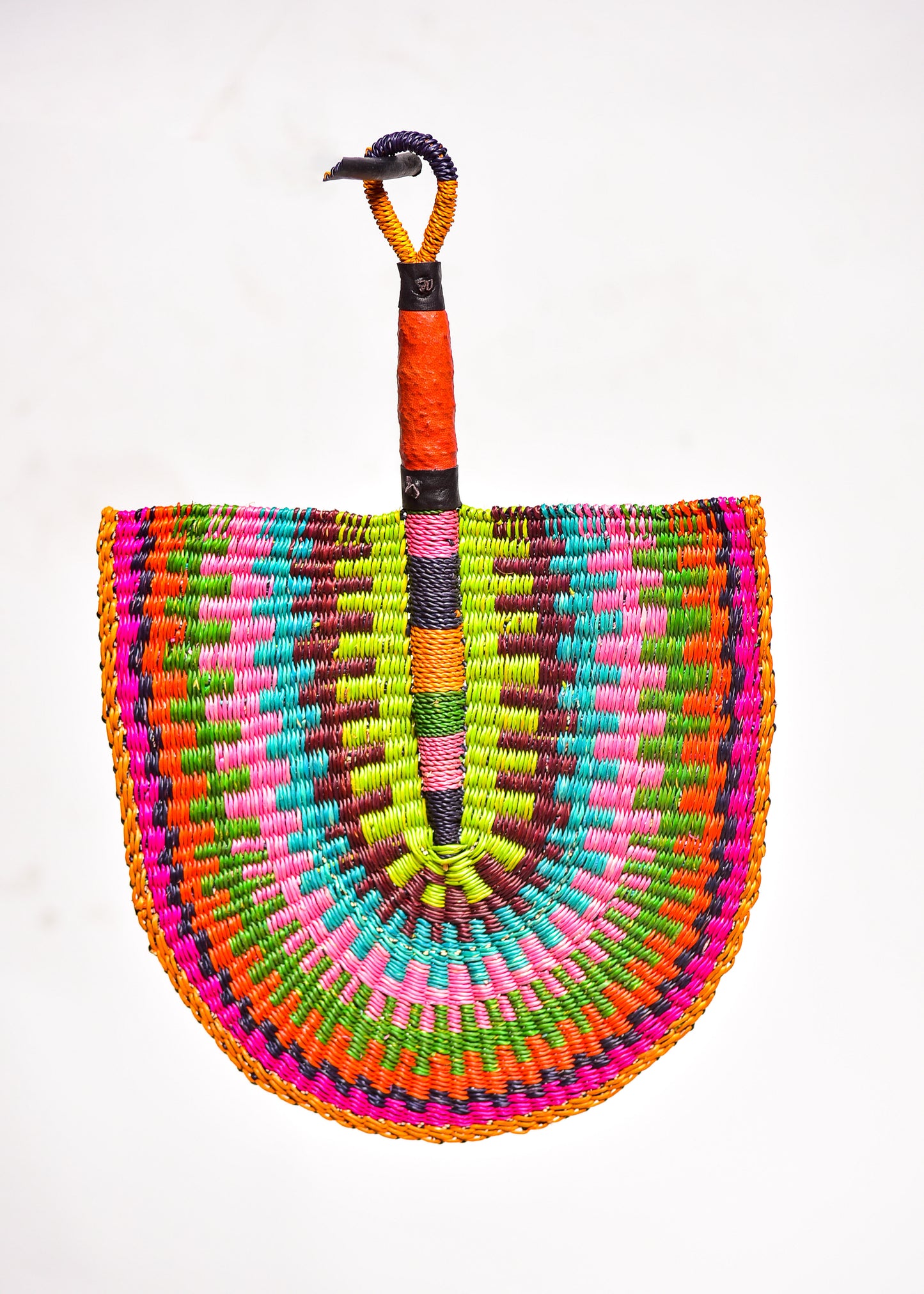 Amancia Straw Woven Handfan(Leather Based Handle)