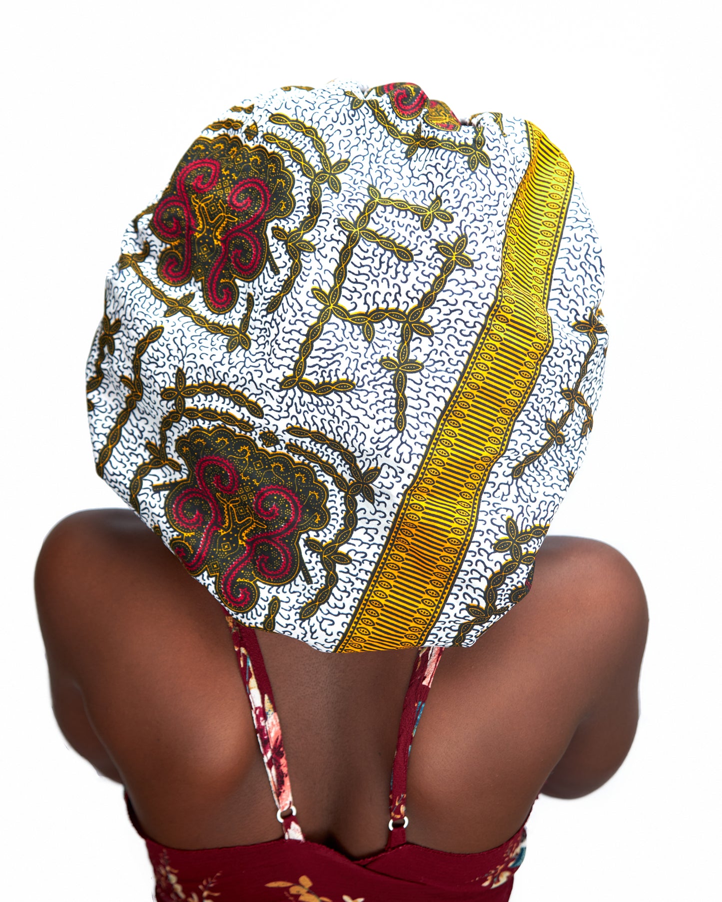 Ankara Wax Print Made of White,Red Gold And Black Blend of Beautiful Colours And Pattern, Hand Made Elastic With Red Silk lined Hair Bonnet
