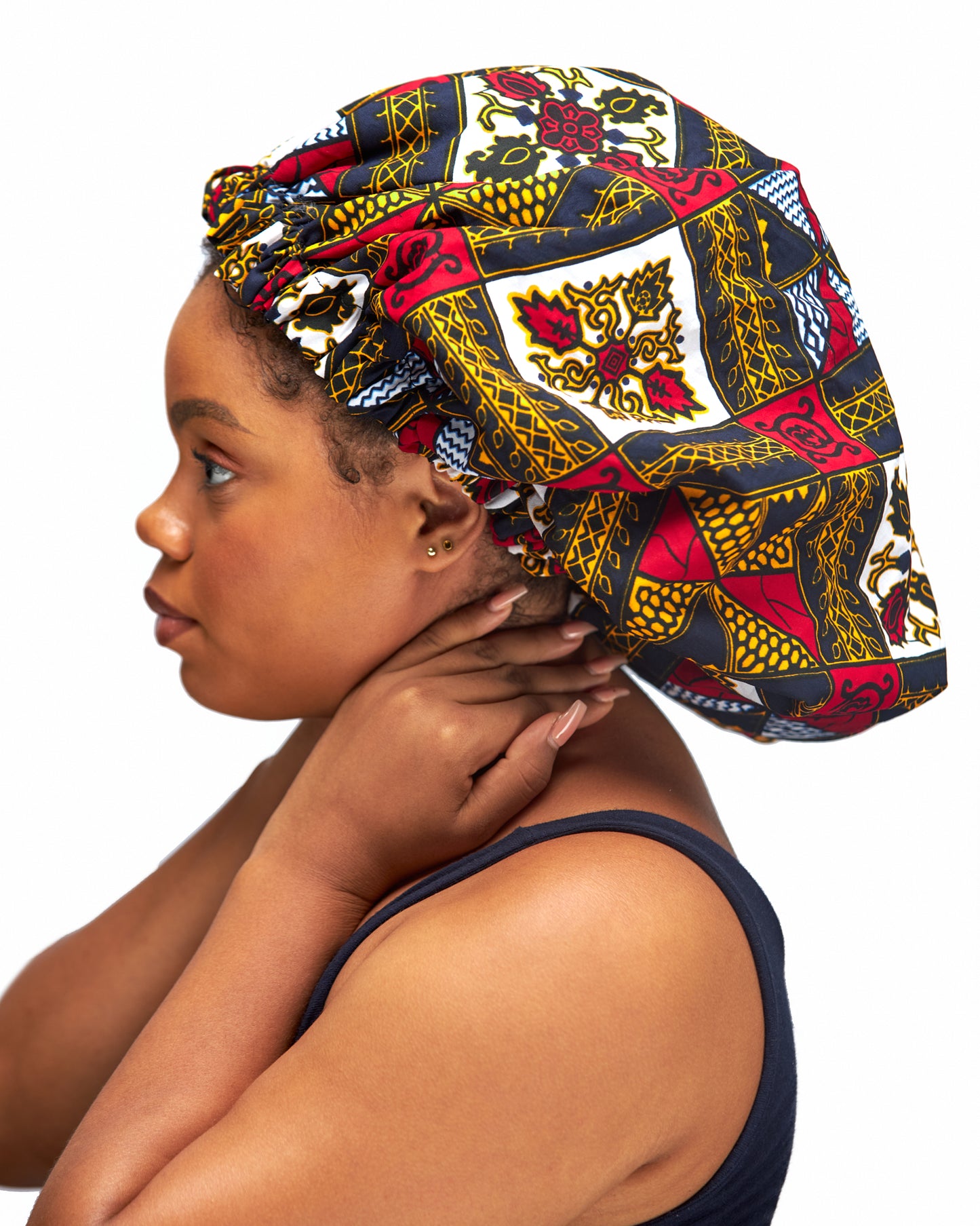 Yellow, Blue, Black, Red, and White Pattern Design Ankara Wax Print Silk Lined Hair Bonnet