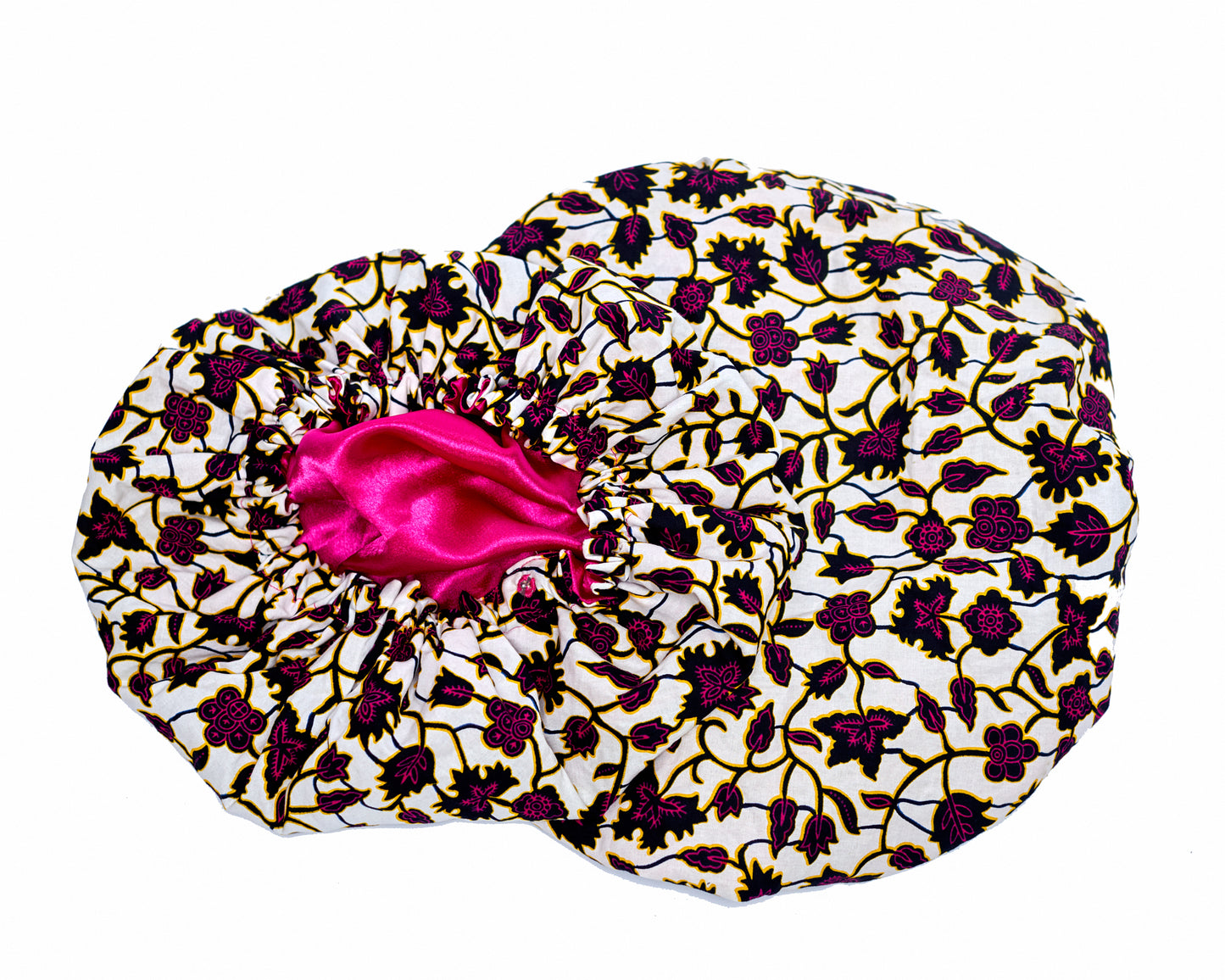 Ankara Wax Print Made of White, Pink And Black Blend of Beautiful Colours And Pattern, Hand Made Elastic Silklined Bonnet With Band