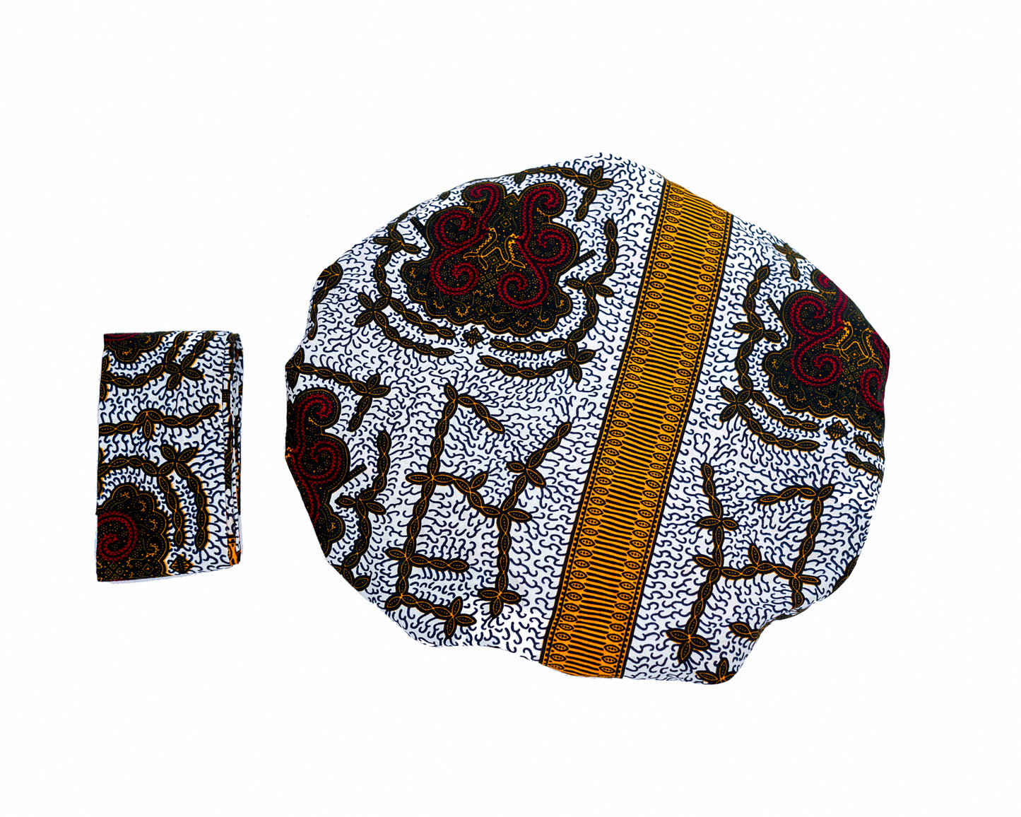 Ankara Wax Print Made of White,Gold,Red And Black Blend of Beautiful Colours And Pattern, Hand Made Elastic Silklined Bonnet With Band