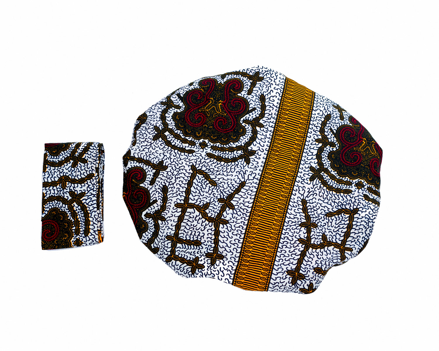 Ankara Wax Print Made of White,Gold,Red And Black Blend of Beautiful Colours And Pattern, Hand Made Elastic Silklined Bonnet With Band