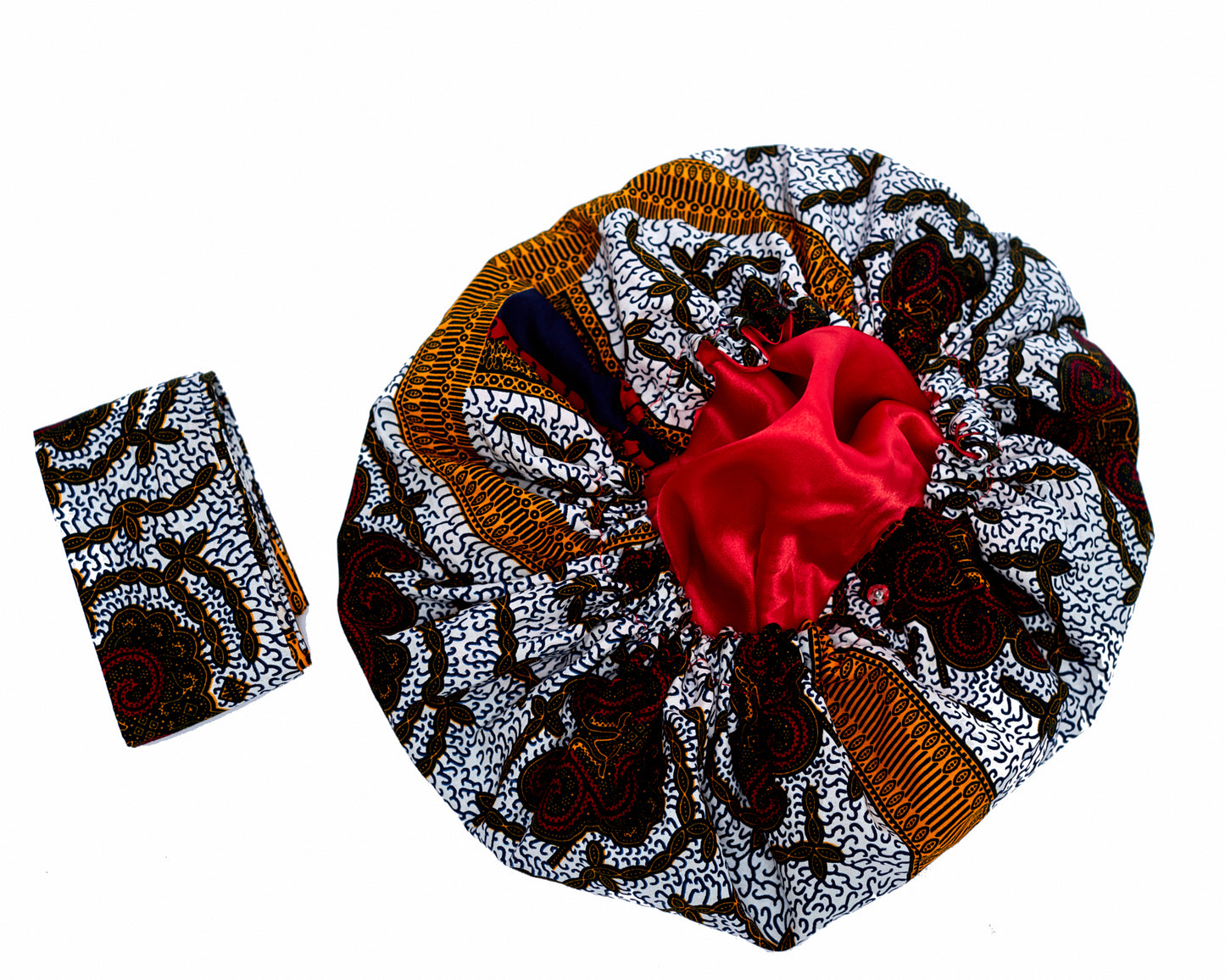 Ankara Wax Print Made of White,Gold,Red And Black Blend of Beautiful Colours And Pattern, Hand Made Elastic Silklined Bonnet With Band