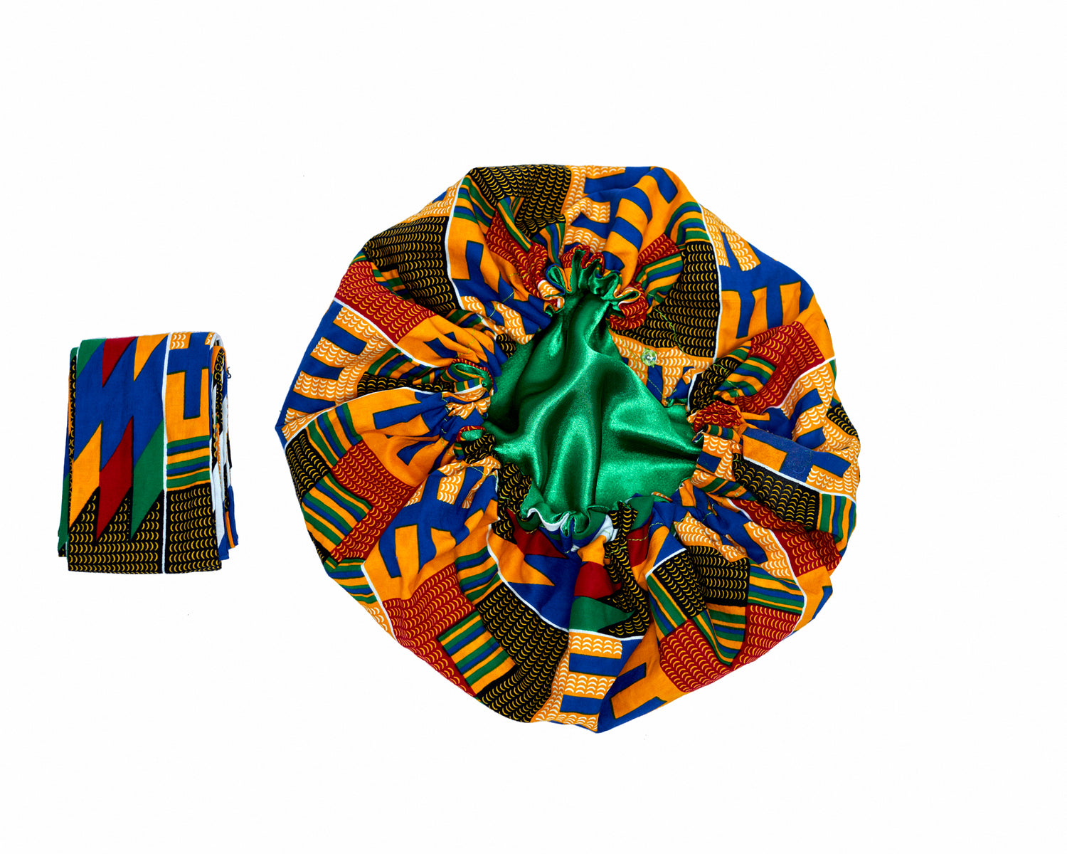 Ghanaian Kente Wax Print Made of Yellow, Red, Green, Black,Blue Blend of Beautiful Colours And Pattern With Adinkira Symbols, Hand Made Elastic Silklined Bonnet With Band