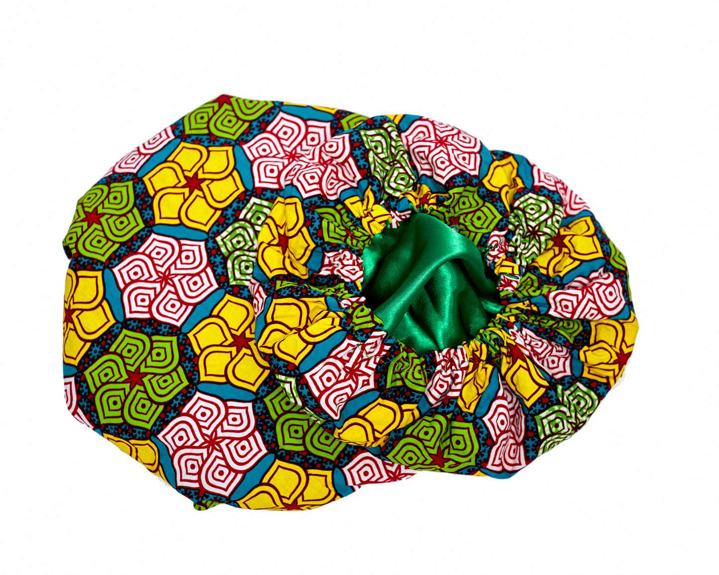Red, Yellow, Blue And Green Mix Pattern Design Ankara Wax Print With Green Silk Lined Hair Bonnet