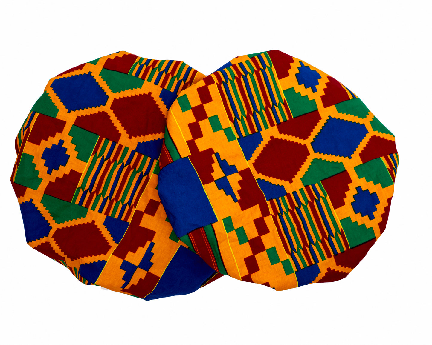 Yellow, Blue, Red, And Green Mix Pattern Kente Print With Red Silk Lined Hair Bonnet