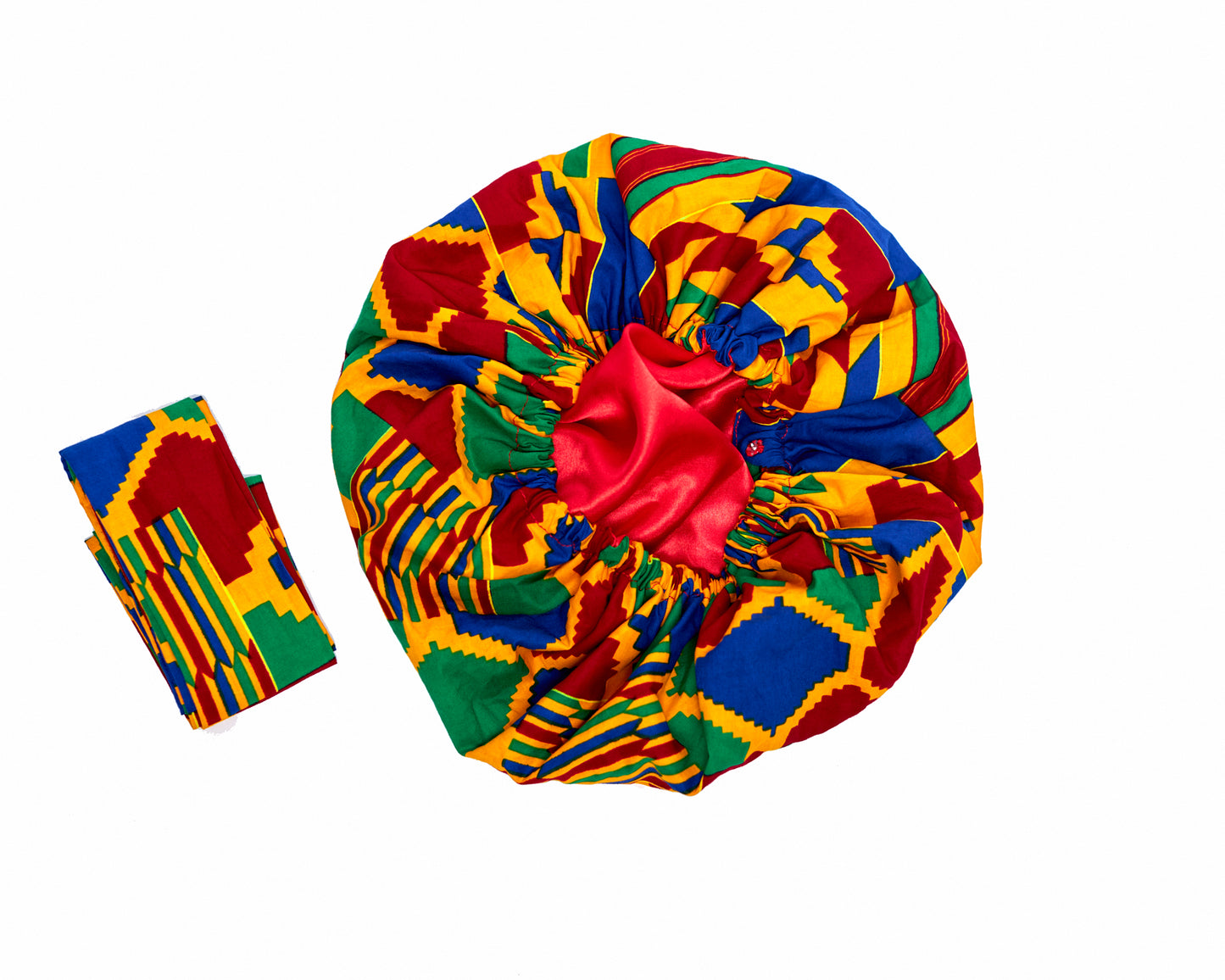 Ghanaian Kente Wax Print Made of Yellow, Red, Green, Yellow,Blue Blend of Beautiful Colours And Pattern With Adinkira Symbols, Hand Made Elastic Silklined Bonnet With Band