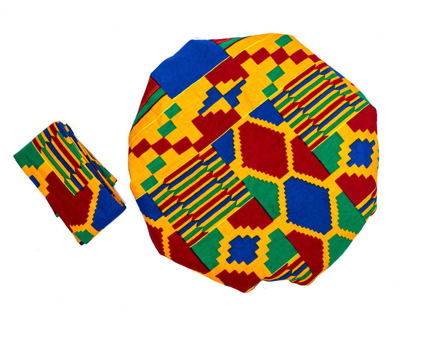 Ghanaian Kente Wax Print Made of Yellow, Red, Green, Yellow,Blue Blend of Beautiful Colours And Pattern With Adinkira Symbols, Hand Made Elastic Silklined Bonnet With Band