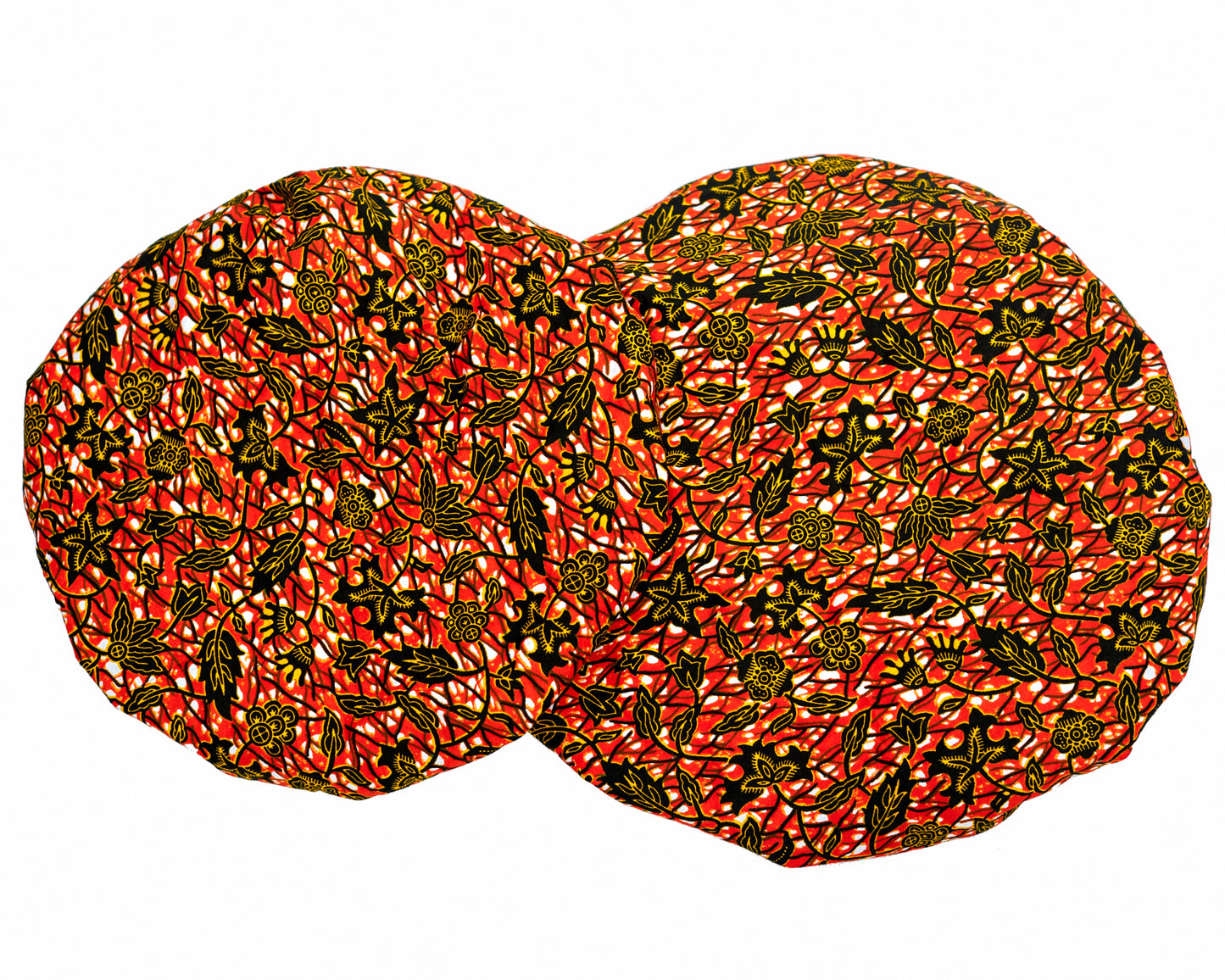 Red And Dotted White with Green Leaf Pattern Design Ankara Wax Print With Yellow Silk Lined Hair Bonnet