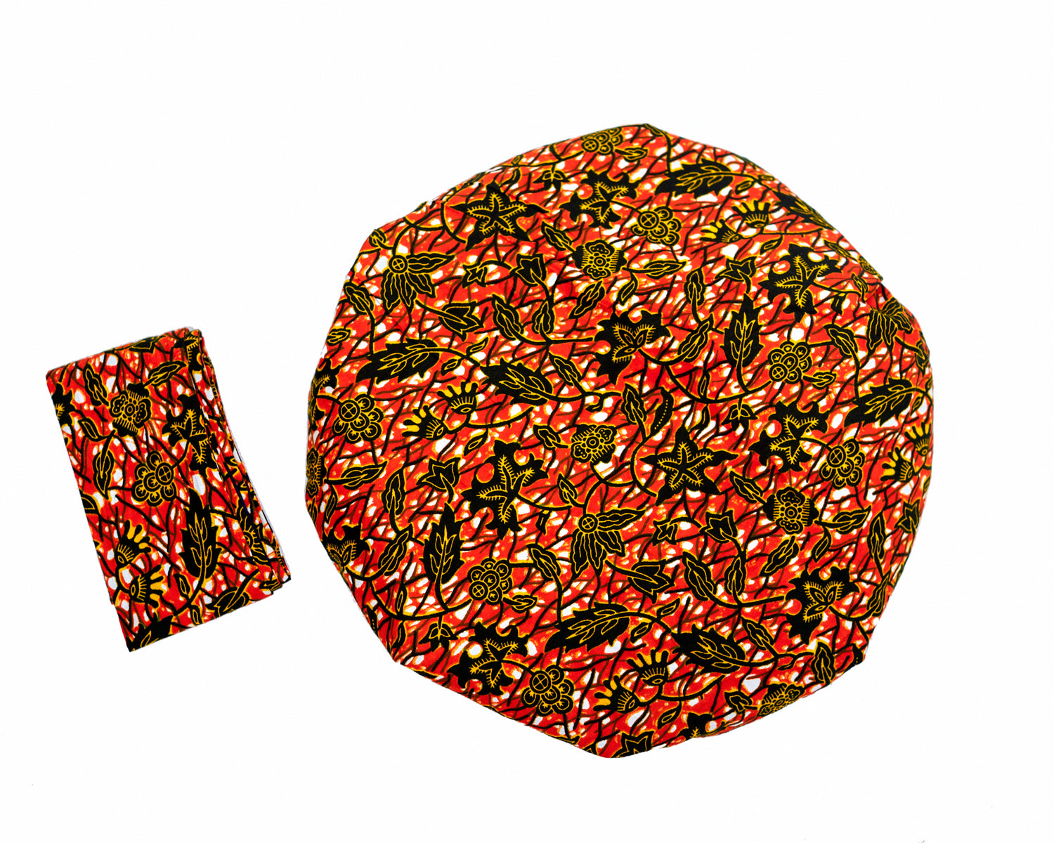 Ankara Wax Print Made of Orange, Gold, Black And White Blended Beautiful Colours And Pattern, Hand Made Elastic Silklined Bonnet With Band