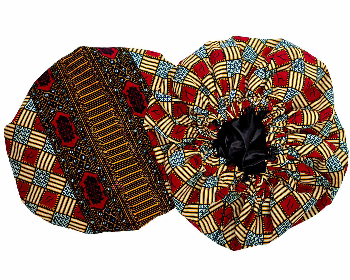 Gold, Red, Cream, Black , And Blue Mix Pattern Design Ankara Wax Print With Black Silk Lined Hair Bonnet