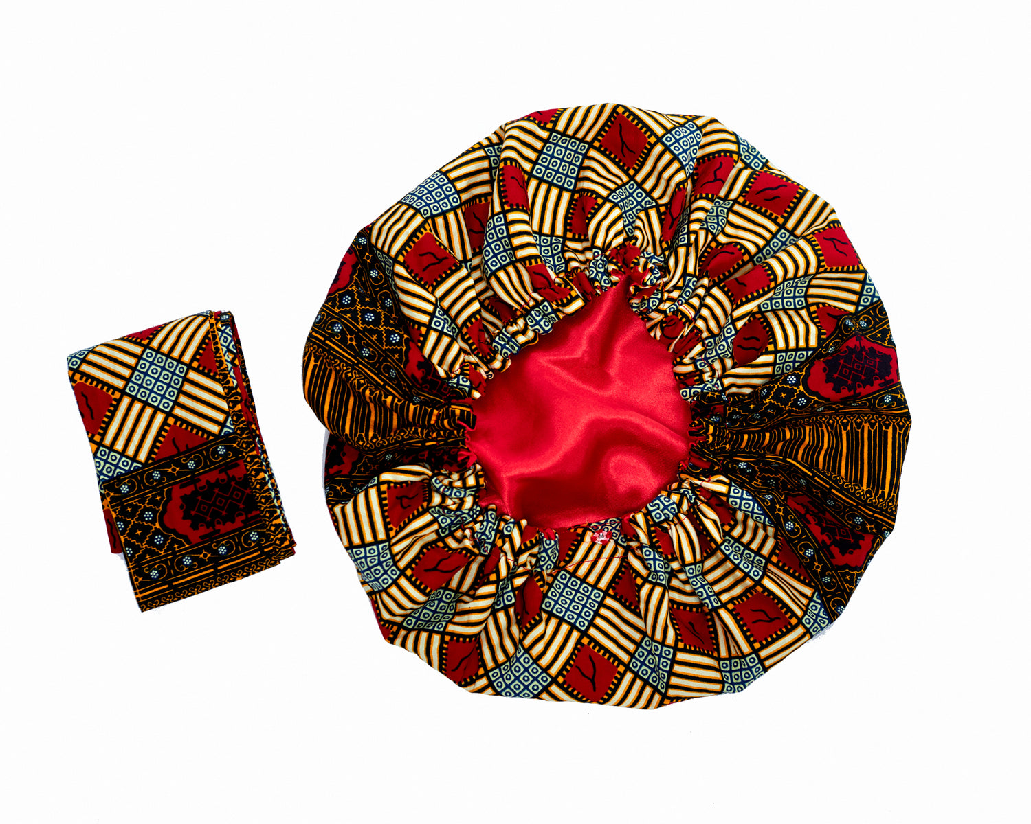 Ankara Wax Print Made of Red, Blue, Gold, And White Blended Beautiful Colours And Pattern, Hand Made Elastic Silklined Bonnet With Band