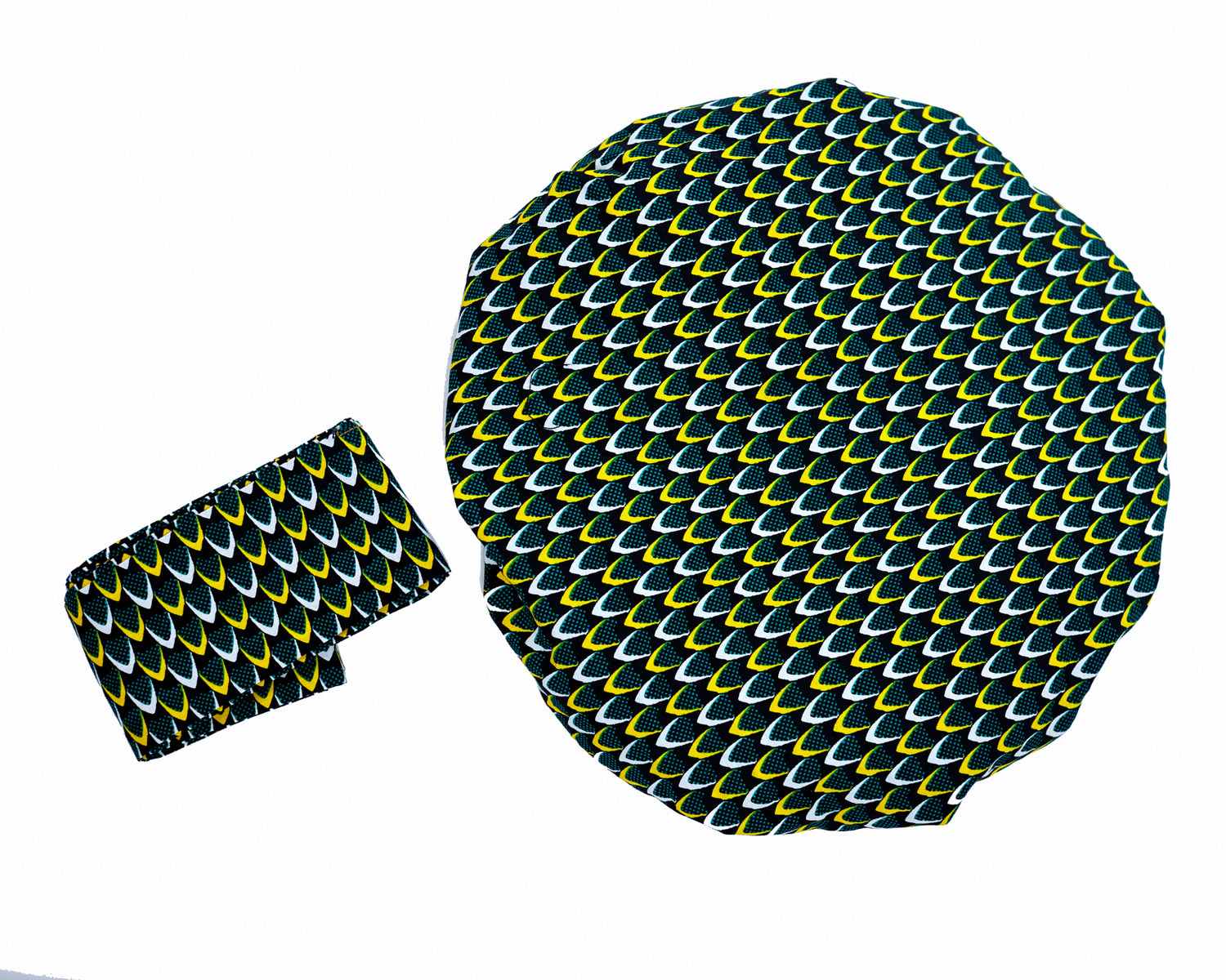 Ankara Wax Print Made of White Yellow And Green Blend of Beautiful Colours And Pattern, Hand Made Elastic Silklined Bonnet With Band