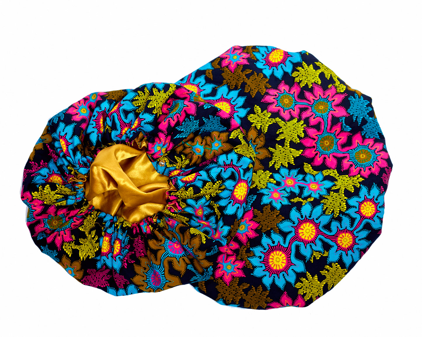 Red, Yellow, Blue , Black , Brown ,Green And Pink Flower Pattern Design Ankara Wax Print With Gold Silk Lined Hair Bonnet