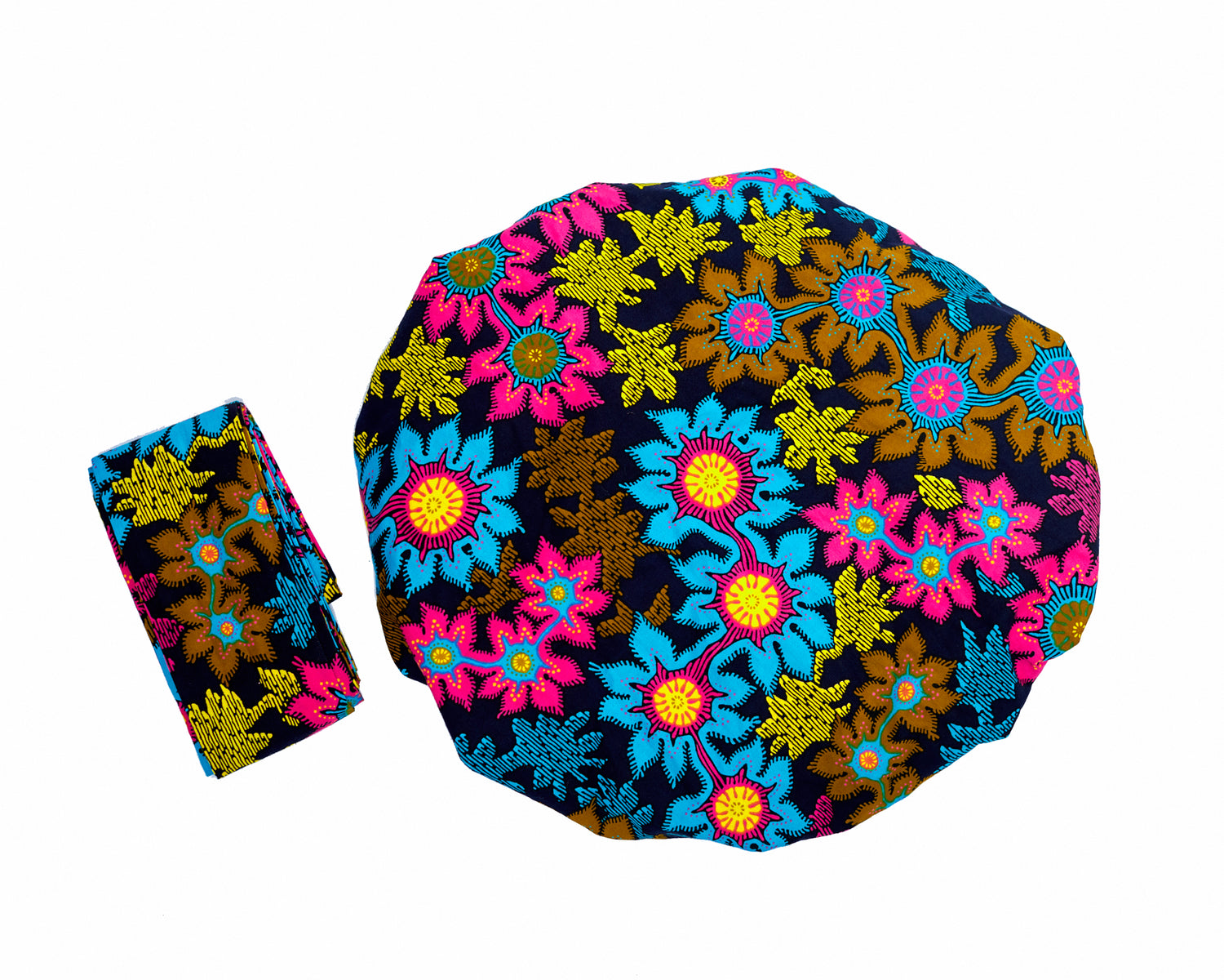 Ankara Wax Print Made of Yellow, Blue, Gold, And Pink Blend of Beautiful Colours And Pattern, Hand Made Elastic Silklined Bonnet With Band