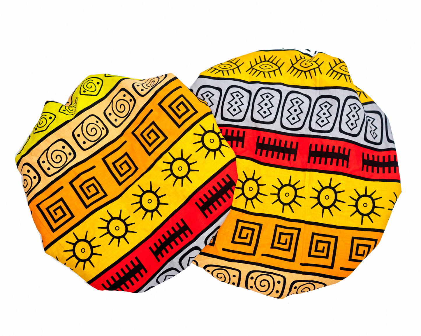 A Bogolan Wax Print Made of Ash,Red Orange Gold And Black Blend of Beautiful Colours And Pattern, Hand Made Elastic With Black Silk lined Hair Bonnet