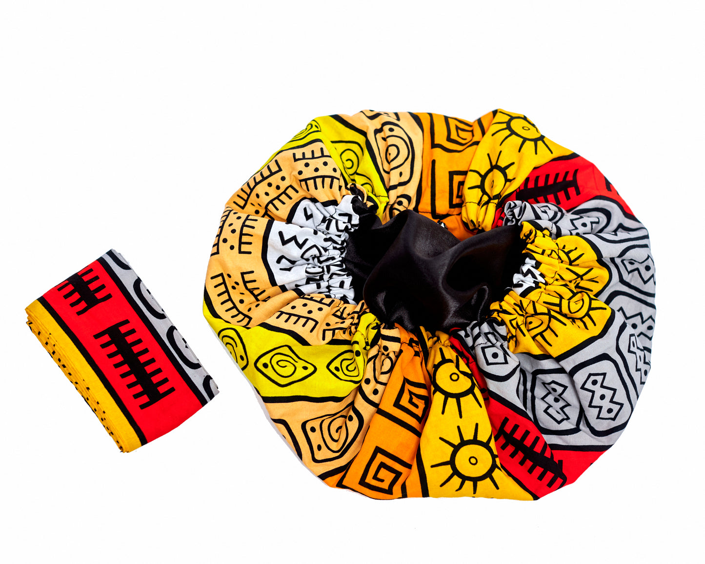 Ankara Wax Print Made of Ash, Yellow, Gold,Red And Black Blend of Beautiful Colours And Pattern, Hand Made Elastic Silklined Bonnet With Band