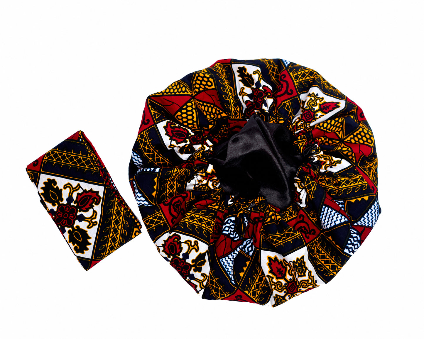 Ankara Wax Print Made of Red, Blue, Gold, Black And White Blended Beautiful Colours And Pattern, Hand Made Elastic Silklined Bonnet With Band