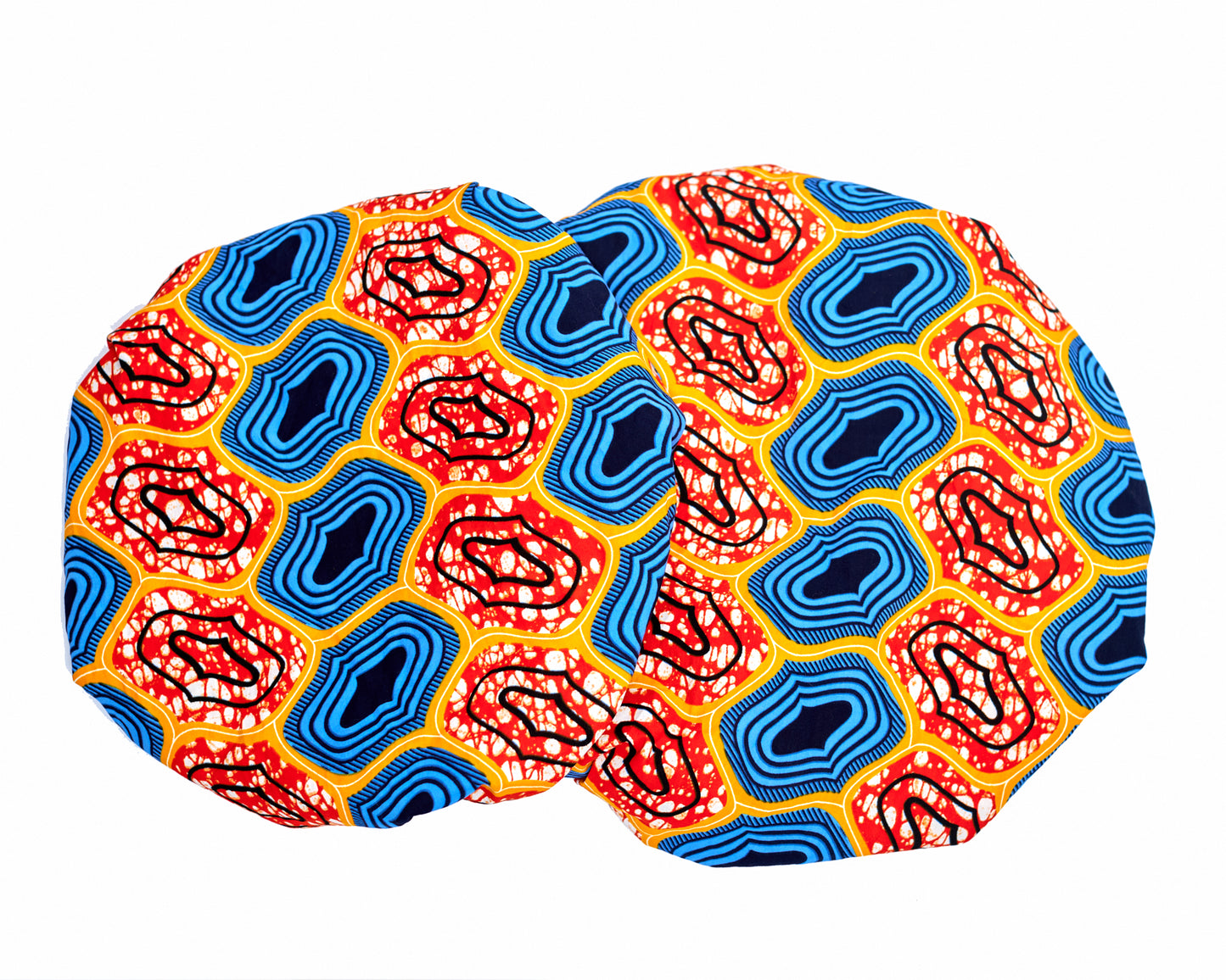 Ankara Wax Print Made of Seablue, Orange, Yellow, White And Black Blend of Beautiful Colours And Pattern, Hand Made Elastic Silklined Bonnet With Band