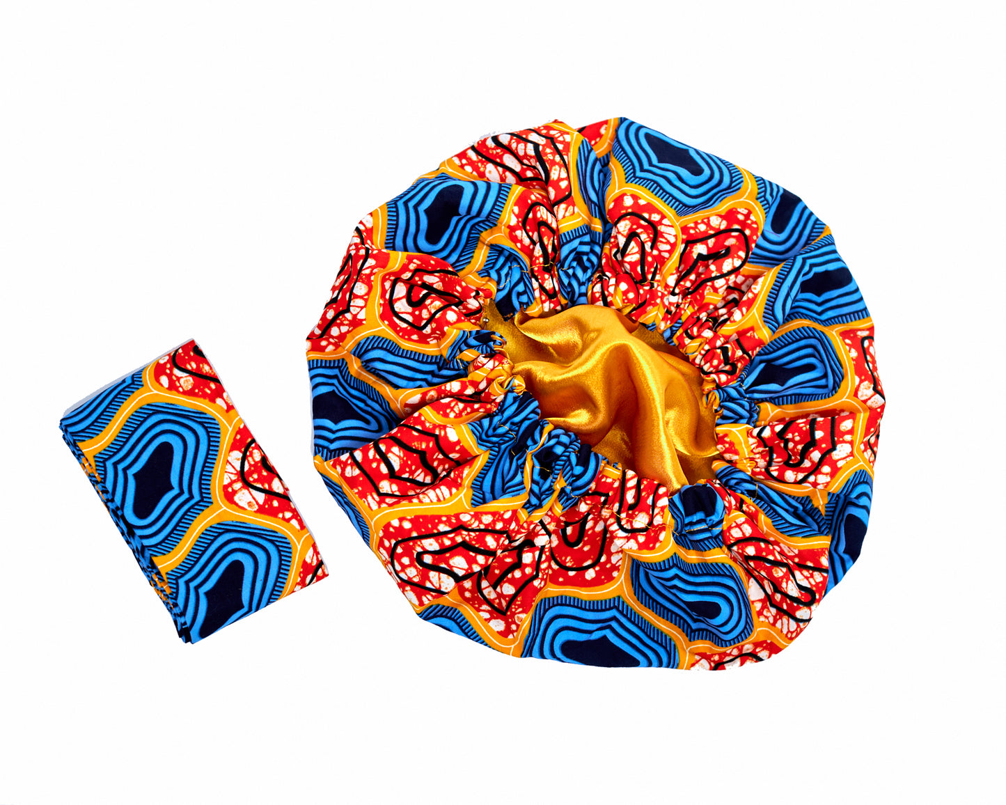 Ankara Wax Print Made of Seablue, Orange, Yellow, White And Black Blend of Beautiful Colours And Pattern, Hand Made Elastic Silklined Bonnet With Band