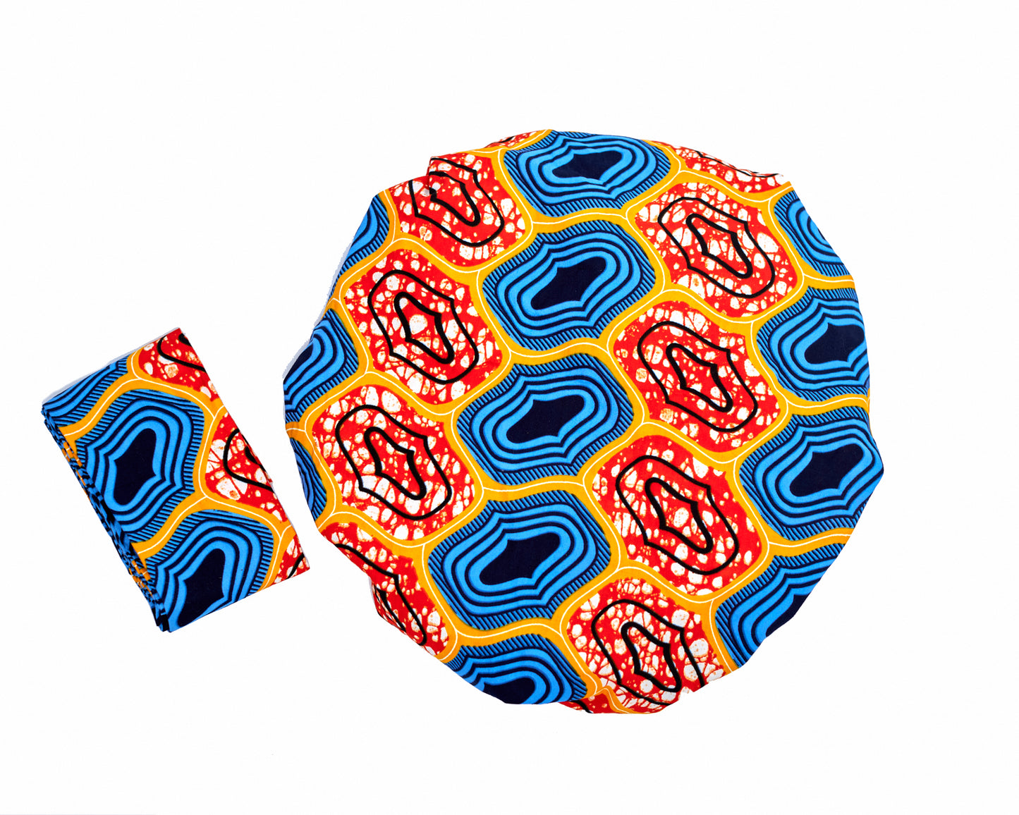 Ankara Wax Print Made of Seablue, Orange, Yellow, White And Black Blend of Beautiful Colours And Pattern, Hand Made Elastic Silklined Bonnet With Band