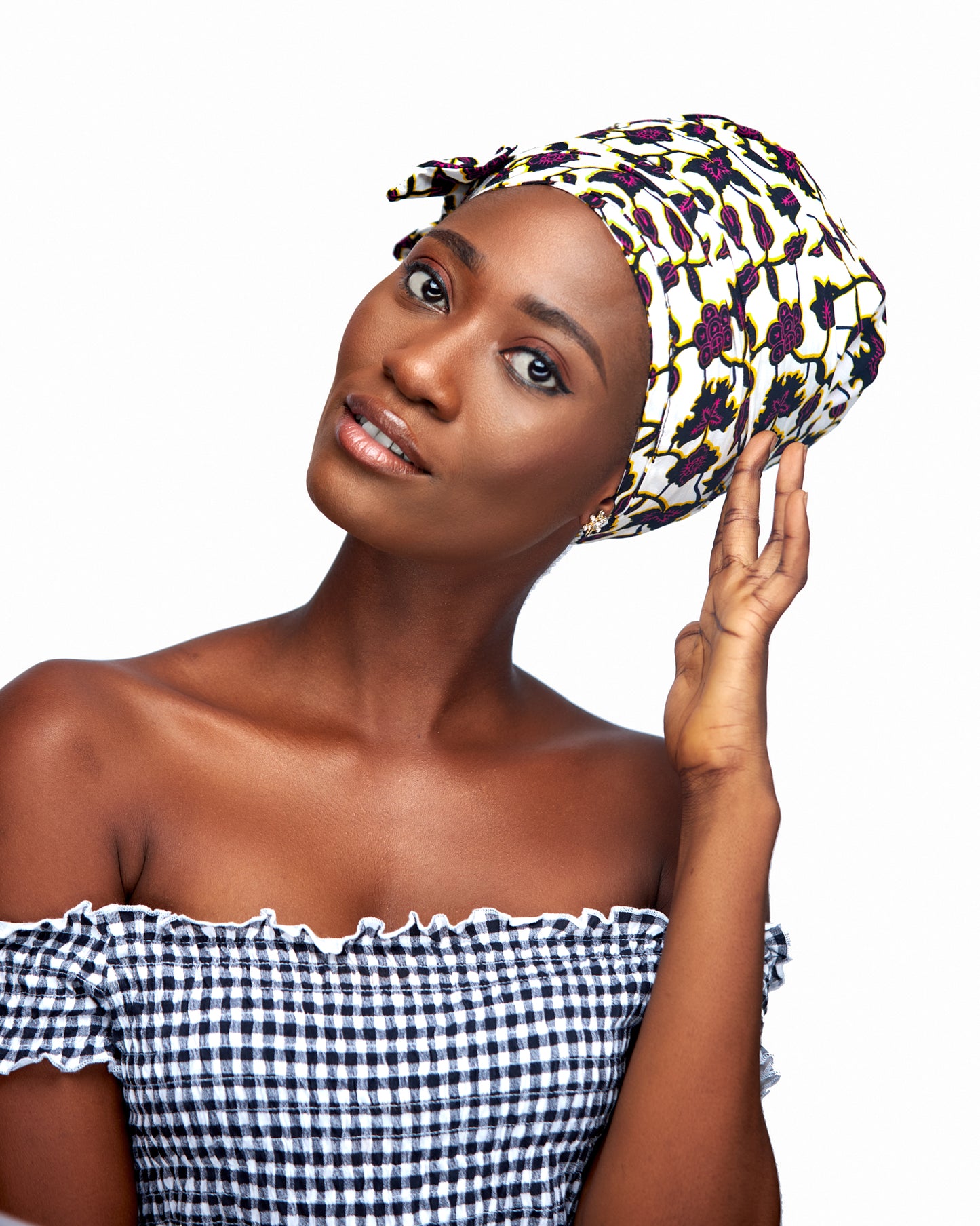 Ankara Wax Print Made of White, Pink And Black Blend of Beautiful Colours And Pattern, Hand Made Elastic Silklined Bonnet With Band
