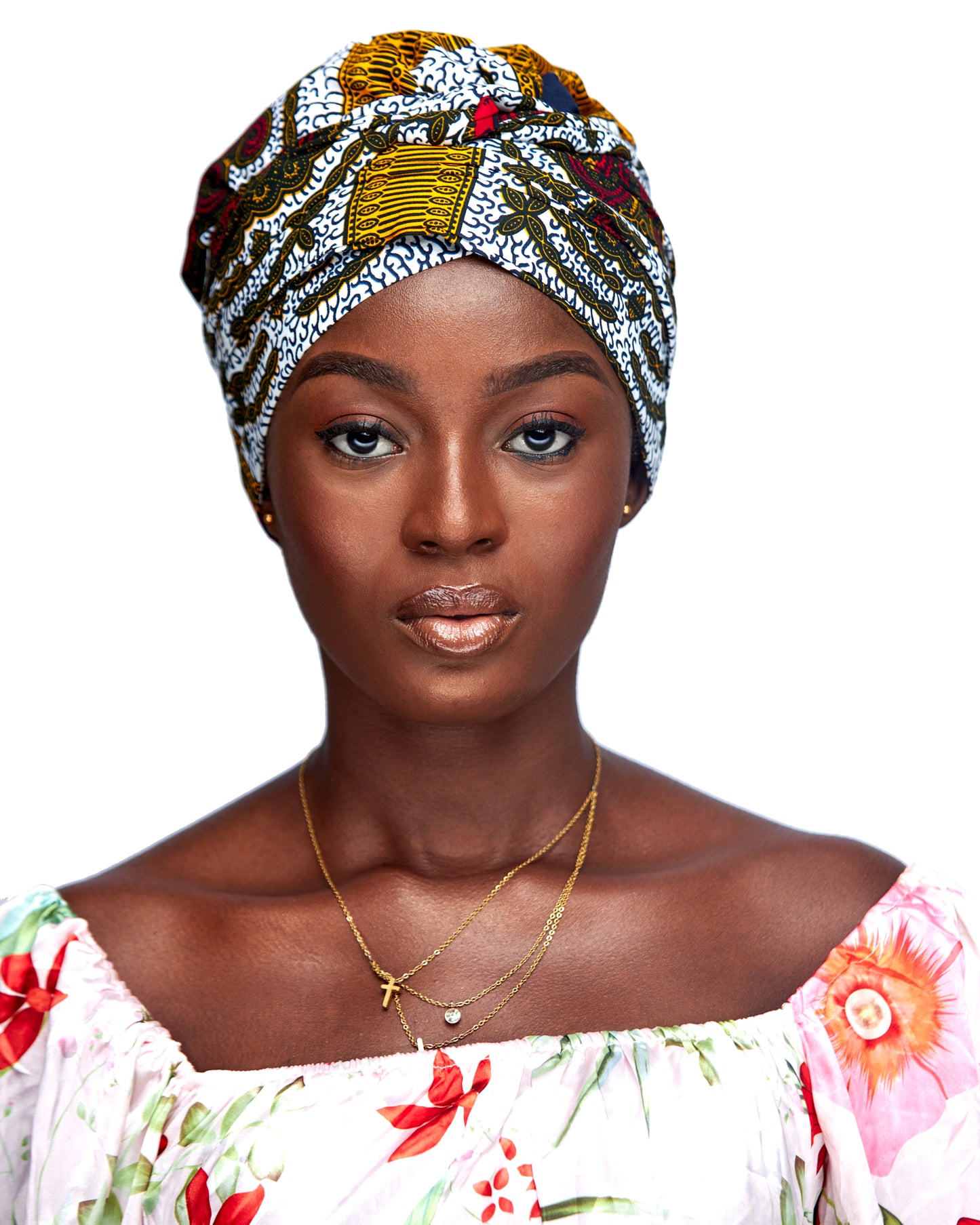 Ankara Wax Print Made of White,Gold,Red And Black Blend of Beautiful Colours And Pattern, Hand Made Elastic Silklined Bonnet With Band