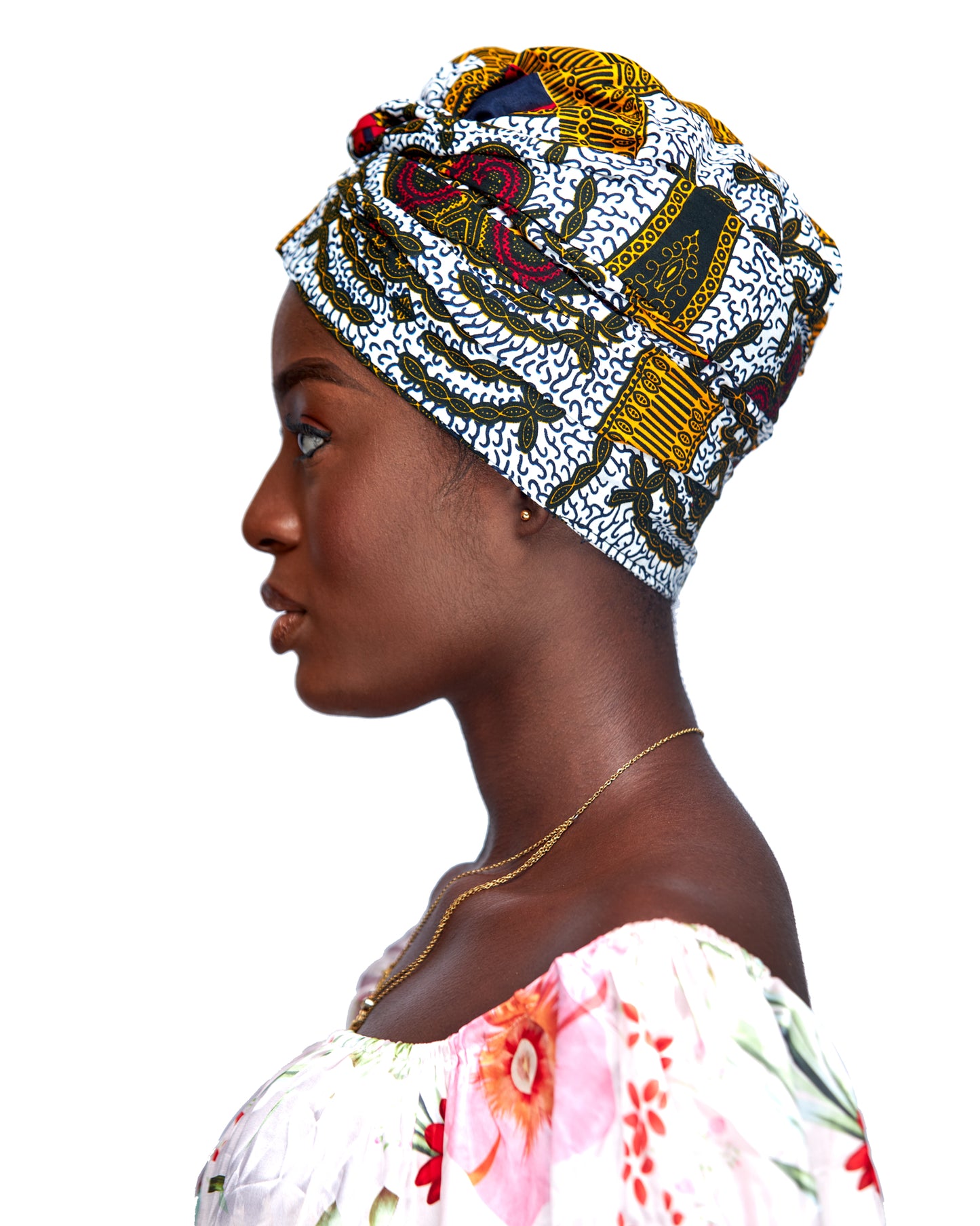 Ankara Wax Print Made of White,Gold,Red And Black Blend of Beautiful Colours And Pattern, Hand Made Elastic Silklined Bonnet With Band