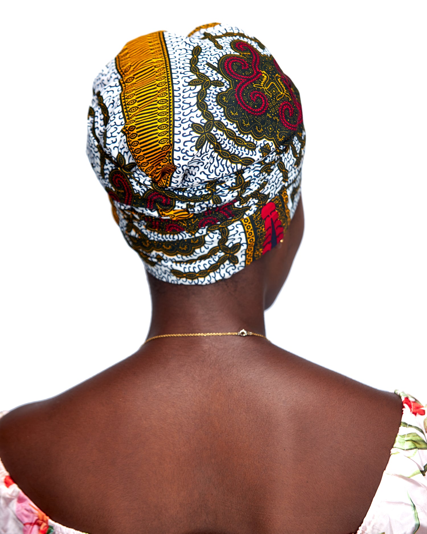 Ankara Wax Print Made of White,Gold,Red And Black Blend of Beautiful Colours And Pattern, Hand Made Elastic Silklined Bonnet With Band