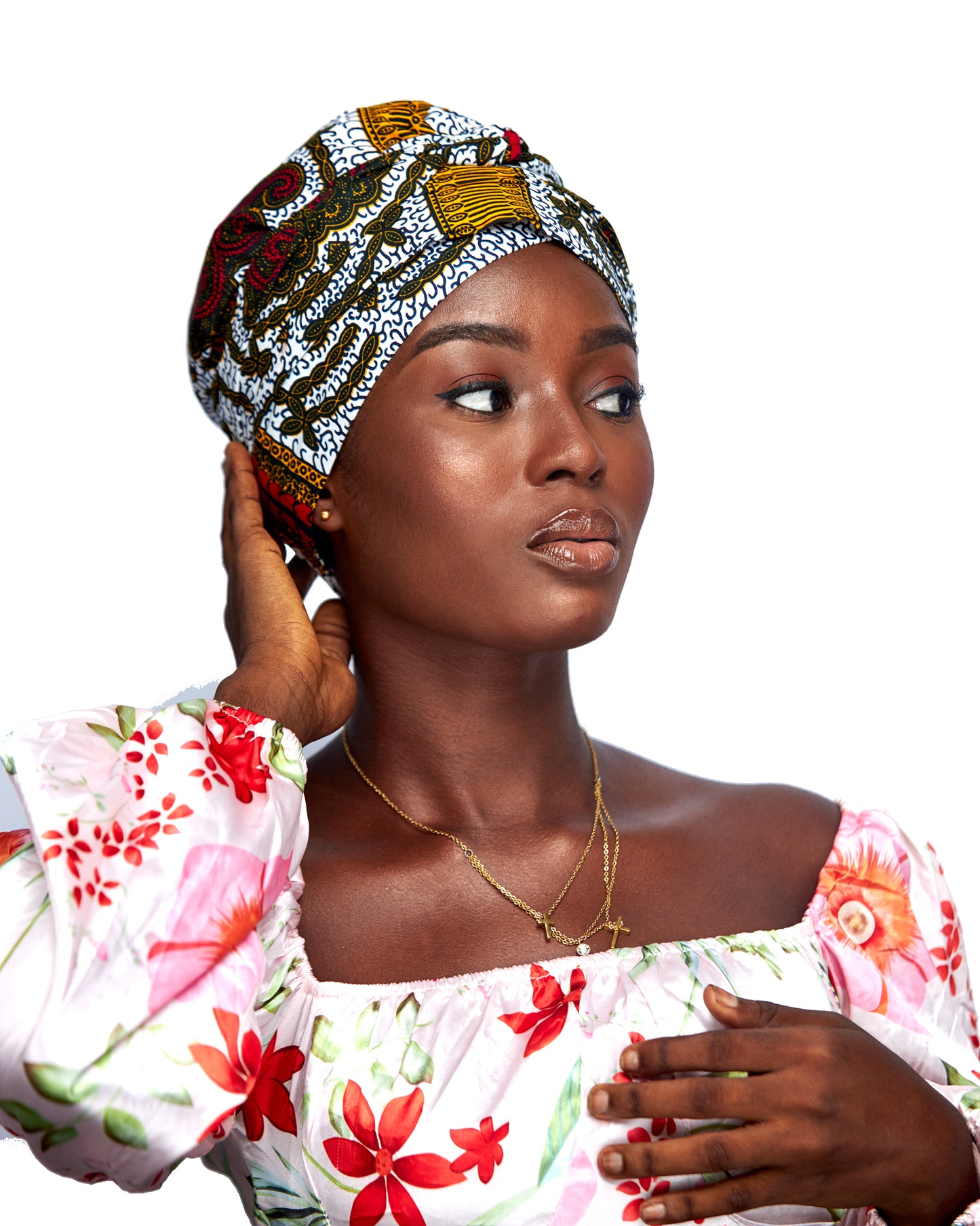 Ankara Wax Print Made of White,Gold,Red And Black Blend of Beautiful Colours And Pattern, Hand Made Elastic Silklined Bonnet With Band