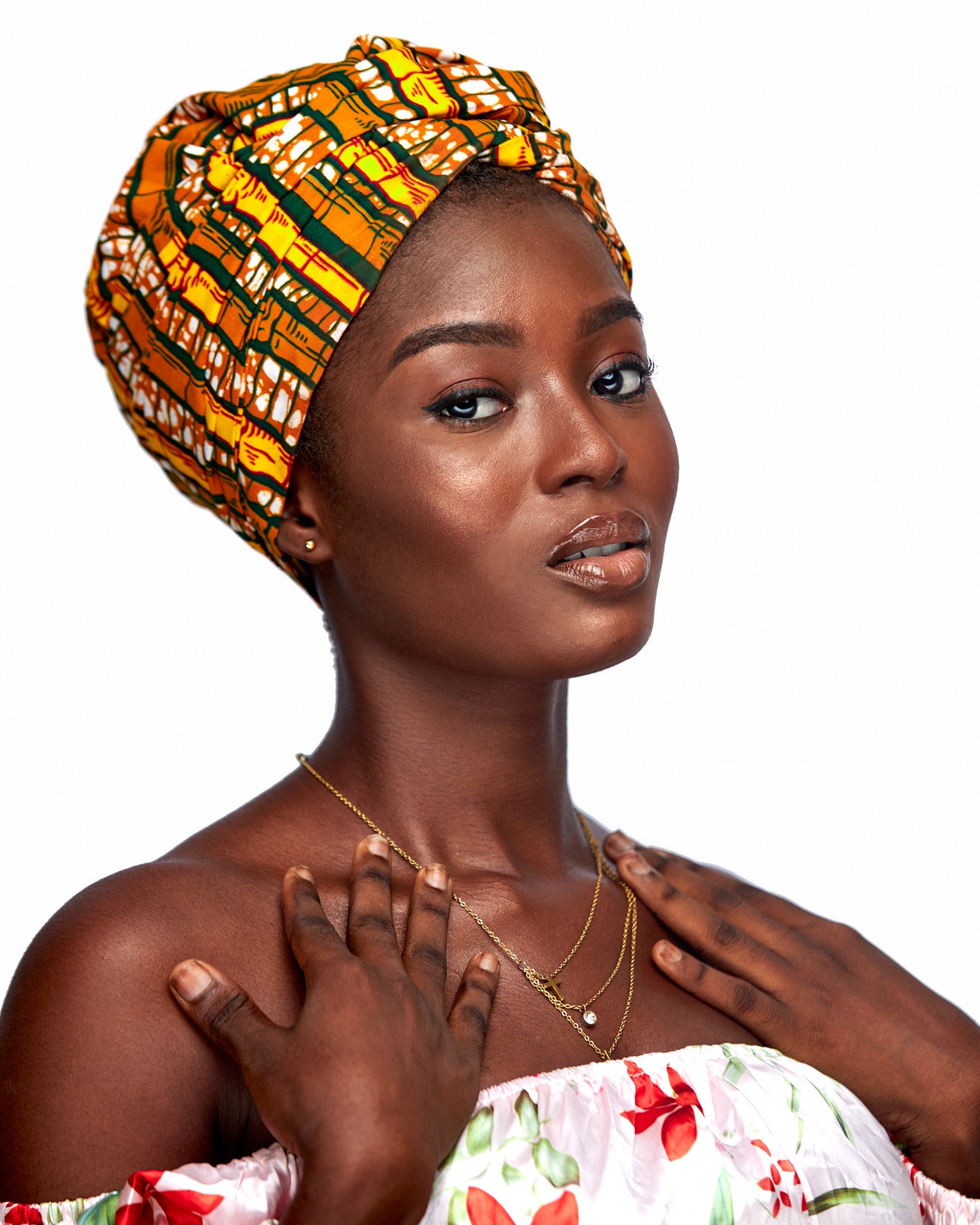 Ankara Wax Print Made of Brown, Yellow, Green And White Blended Beautiful Colours And Pattern, Hand Made Elastic Silklined Bonnet With Band