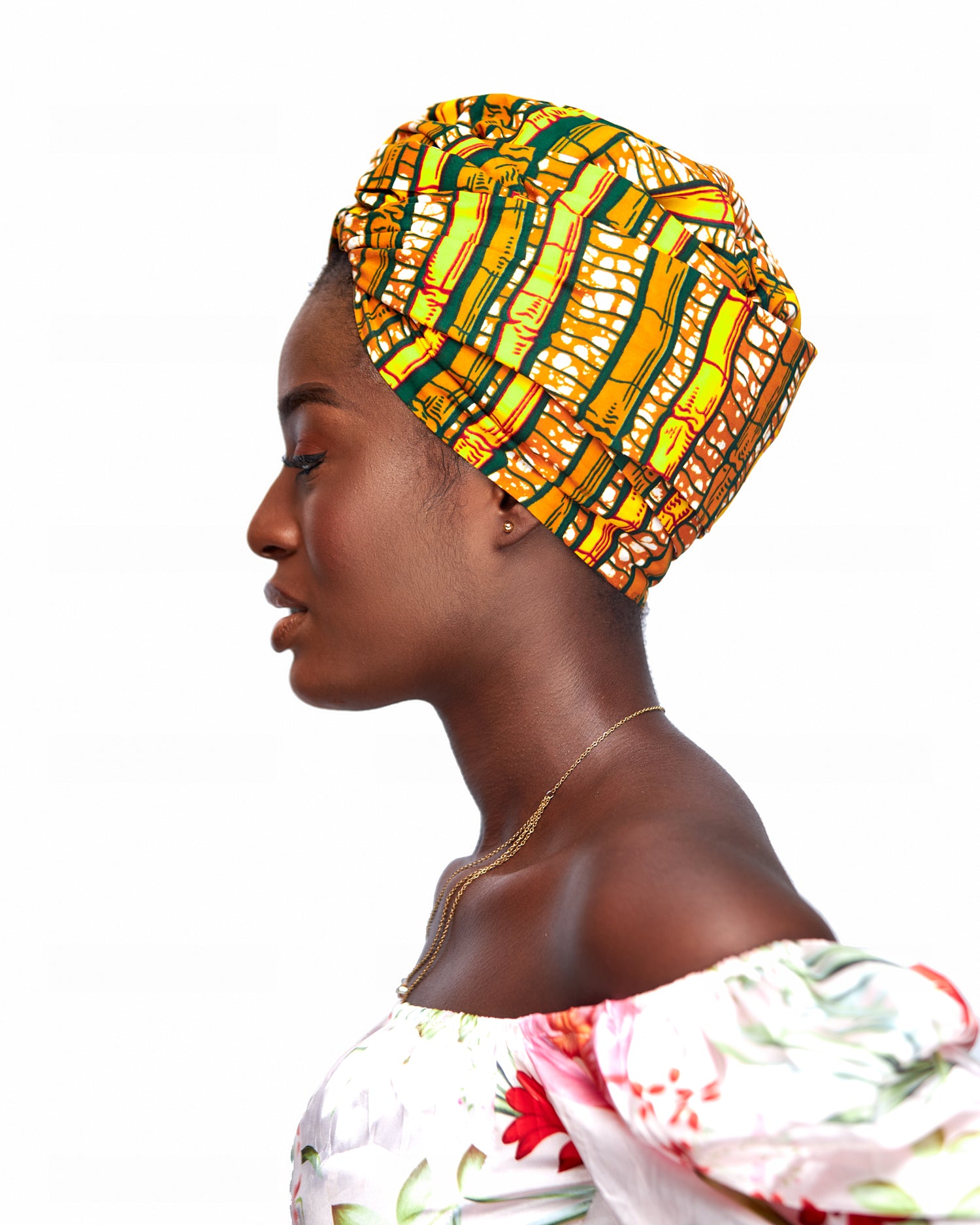 Ankara Wax Print Made of Brown, Yellow, Green And White Blended Beautiful Colours And Pattern, Hand Made Elastic Silklined Bonnet With Band