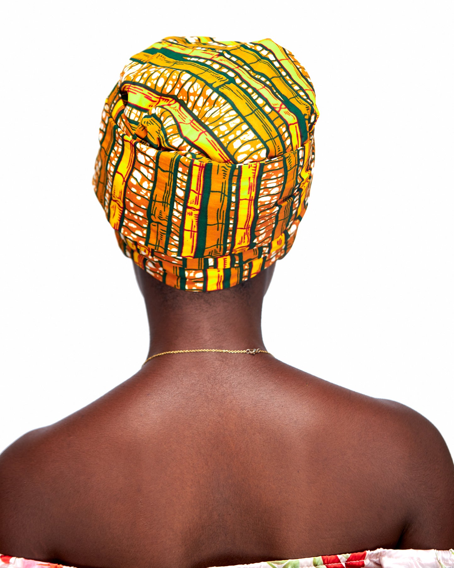 Ankara Wax Print Made of Brown, Yellow, Green And White Blended Beautiful Colours And Pattern, Hand Made Elastic Silklined Bonnet With Band