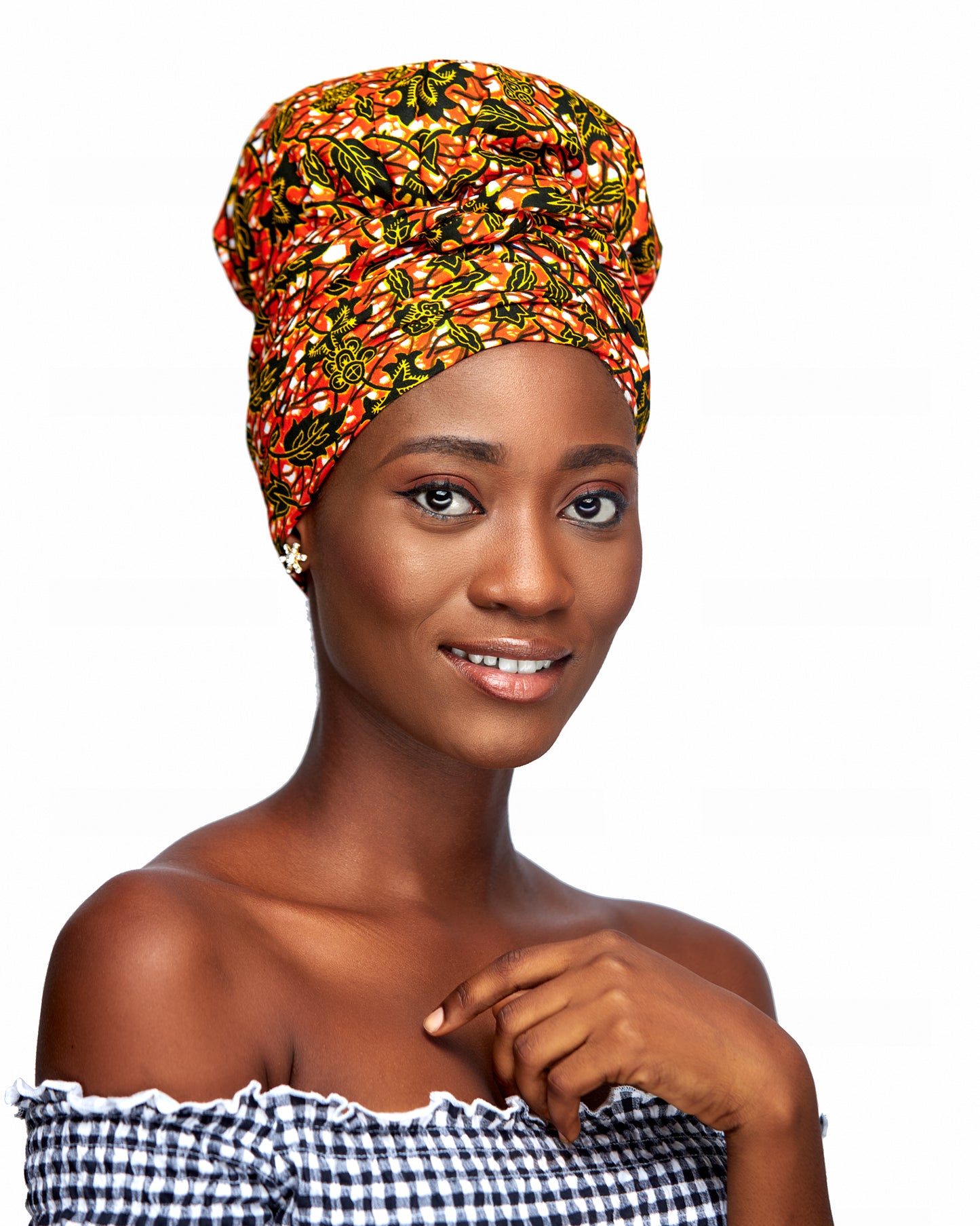 Ankara Wax Print Made of Orange, Gold, Black And White Blended Beautiful Colours And Pattern, Hand Made Elastic Silklined Bonnet With Band