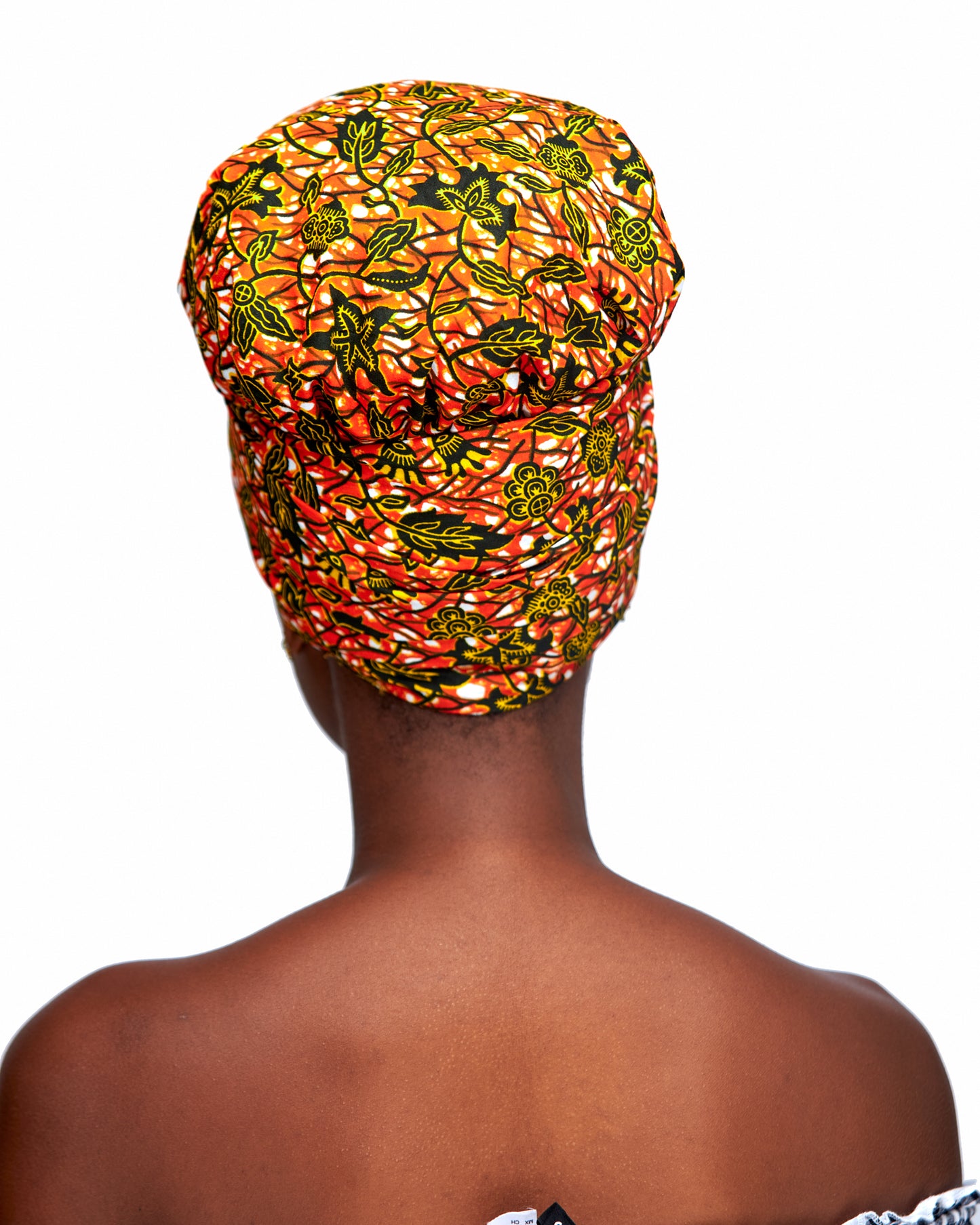 Ankara Wax Print Made of Orange, Gold, Black And White Blended Beautiful Colours And Pattern, Hand Made Elastic Silklined Bonnet With Band