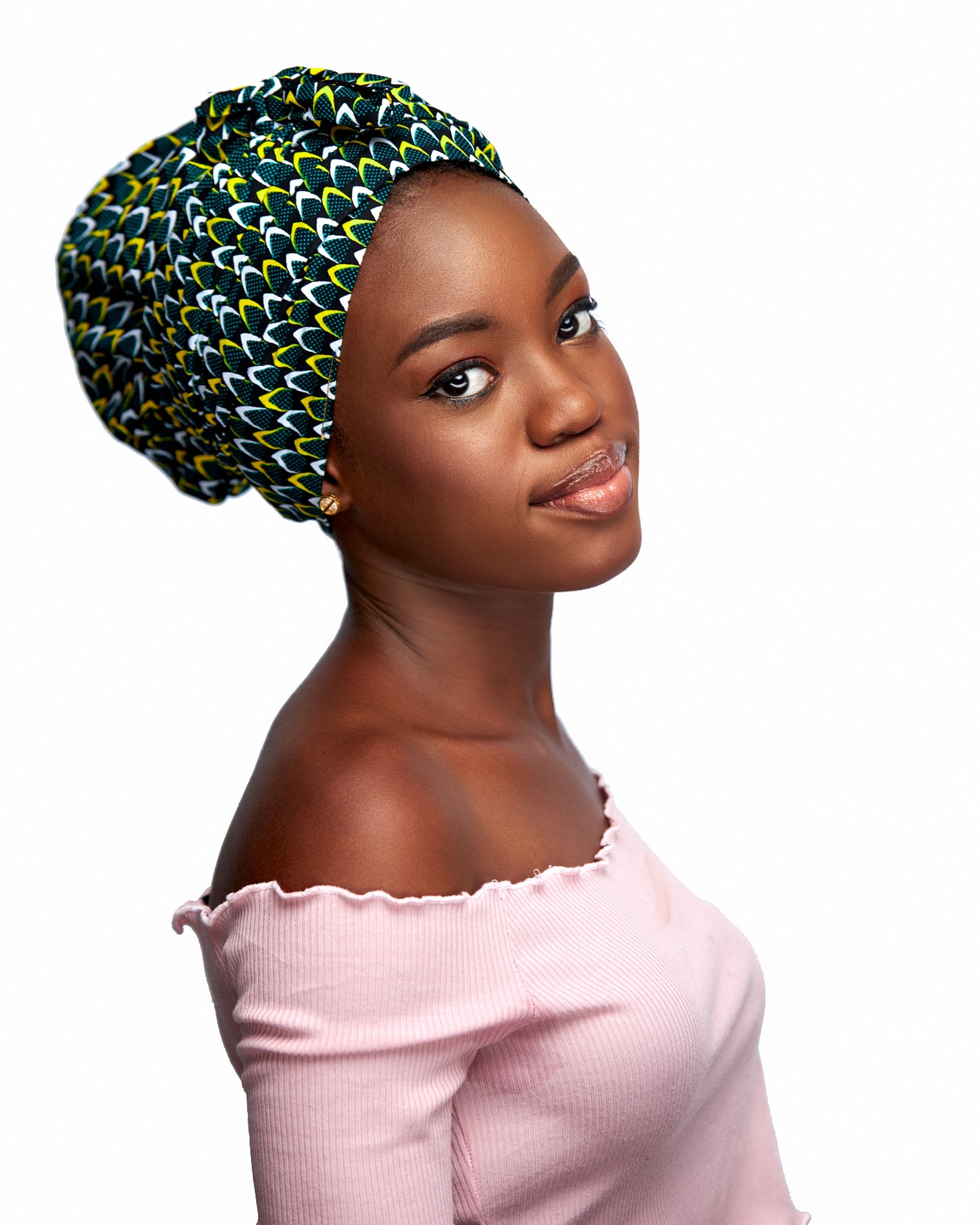 Ankara Wax Print Made of White Yellow And Green Blend of Beautiful Colours And Pattern, Hand Made Elastic Silklined Bonnet With Band