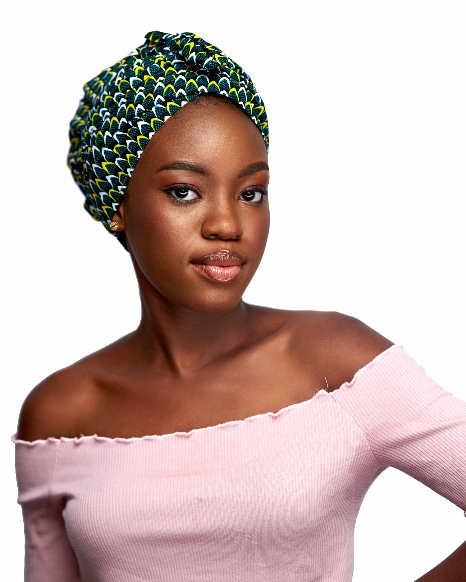 Ankara Wax Print Made of White Yellow And Green Blend of Beautiful Colours And Pattern, Hand Made Elastic Silklined Bonnet With Band
