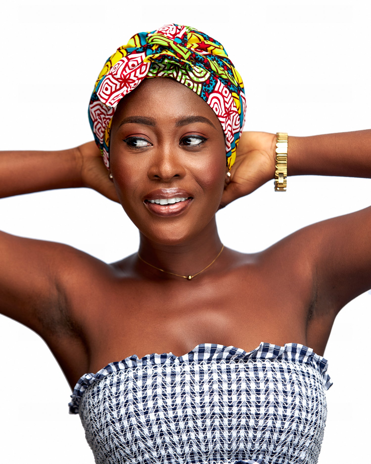 Ankara Wax Print Made of Yellow, Red,Green , White And  Blue Blend of Beautiful Colours And Pattern, Hand Made Elastic Silklined Bonnet With Band