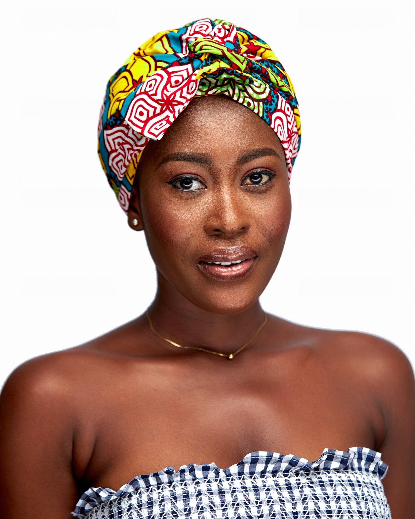Ankara Wax Print Made of Yellow, Red,Green , White And  Blue Blend of Beautiful Colours And Pattern, Hand Made Elastic Silklined Bonnet With Band