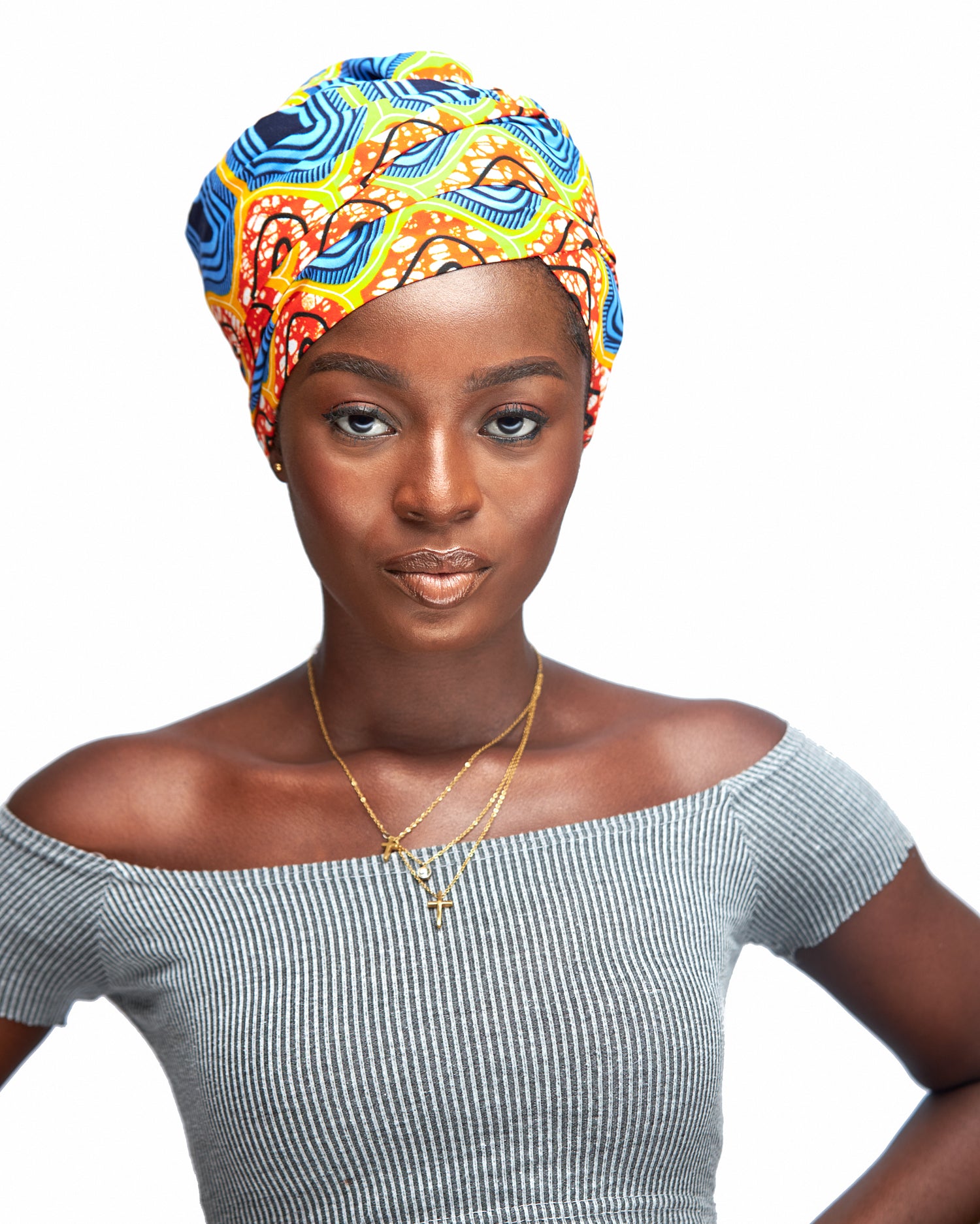 Ankara Wax Print Made of Seablue, Orange, Yellow, White And Black Blend of Beautiful Colours And Pattern, Hand Made Elastic Silklined Bonnet With Band