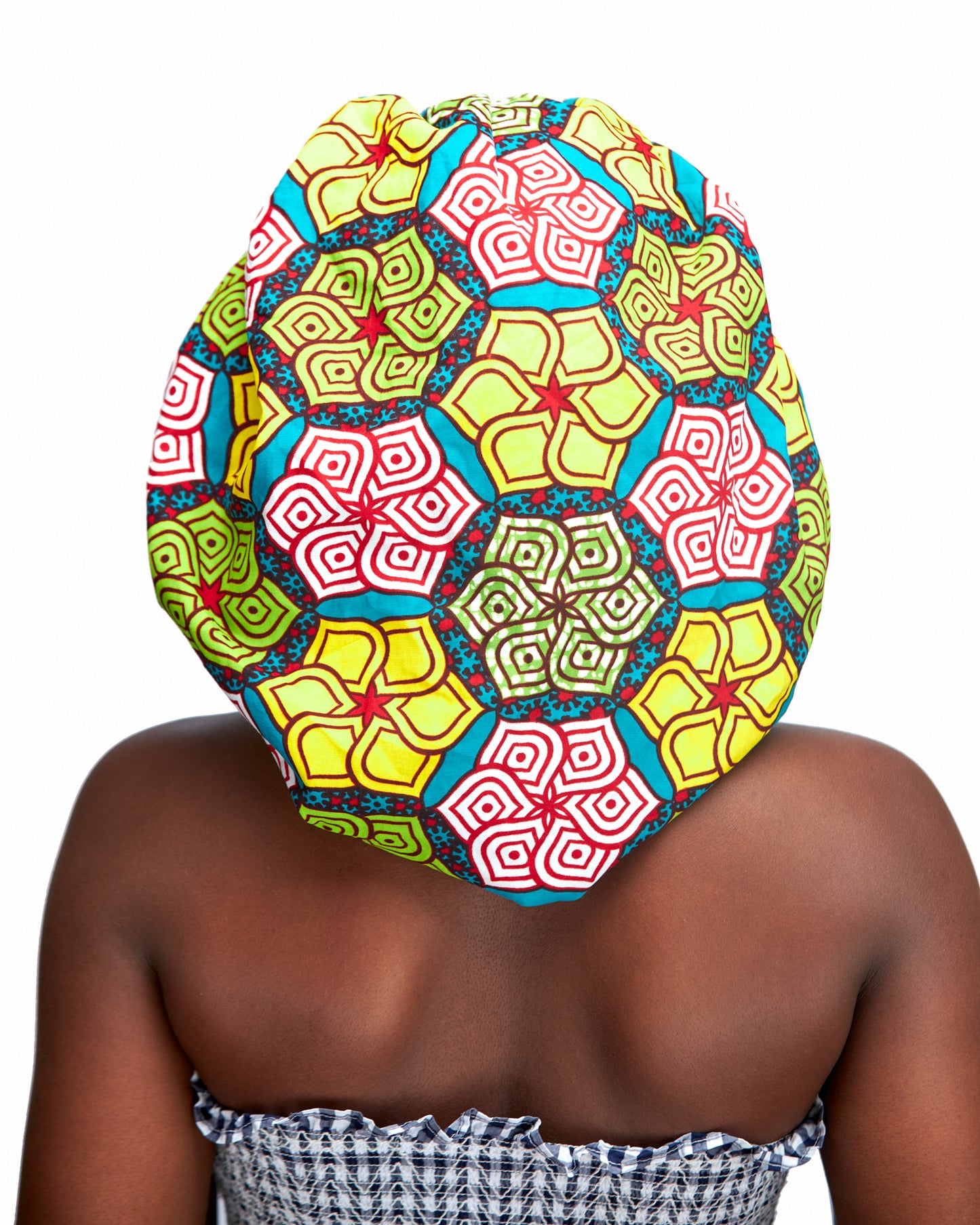Red, Yellow, Blue And Green Mix Pattern Design Ankara Wax Print With Green Silk Lined Hair Bonnet