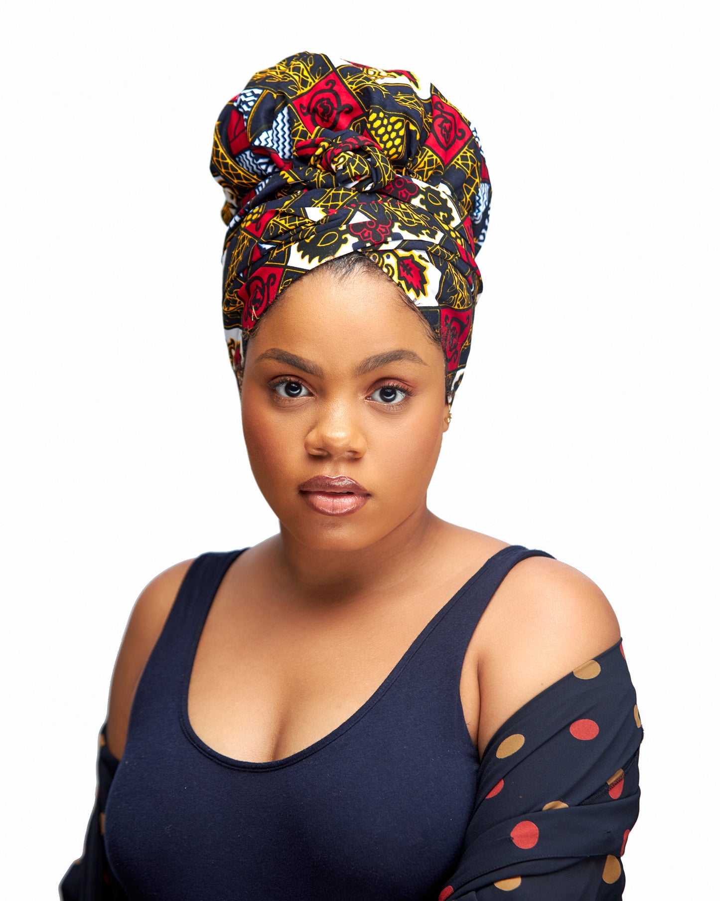 Ankara Wax Print Made of Red, Blue, Gold, Black And White Blended Beautiful Colours And Pattern, Hand Made Elastic Silklined Bonnet With Band