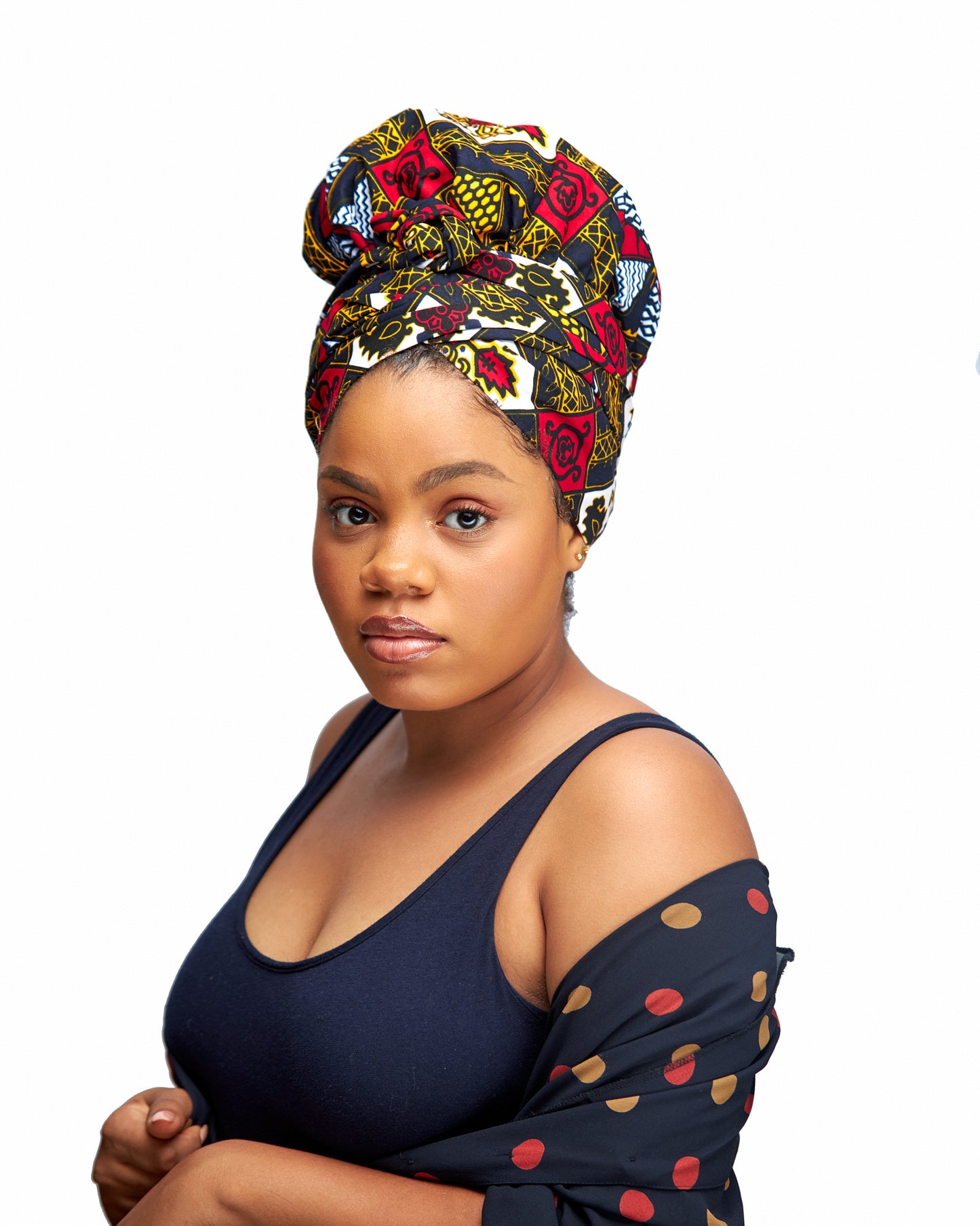 Ankara Wax Print Made of Red, Blue, Gold, Black And White Blended Beautiful Colours And Pattern, Hand Made Elastic Silklined Bonnet With Band