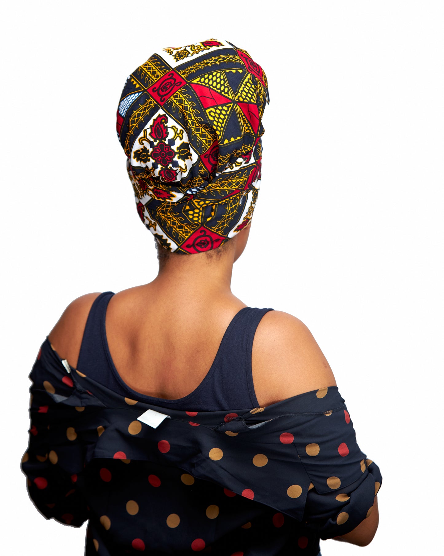Ankara Wax Print Made of Red, Blue, Gold, Black And White Blended Beautiful Colours And Pattern, Hand Made Elastic Silklined Bonnet With Band