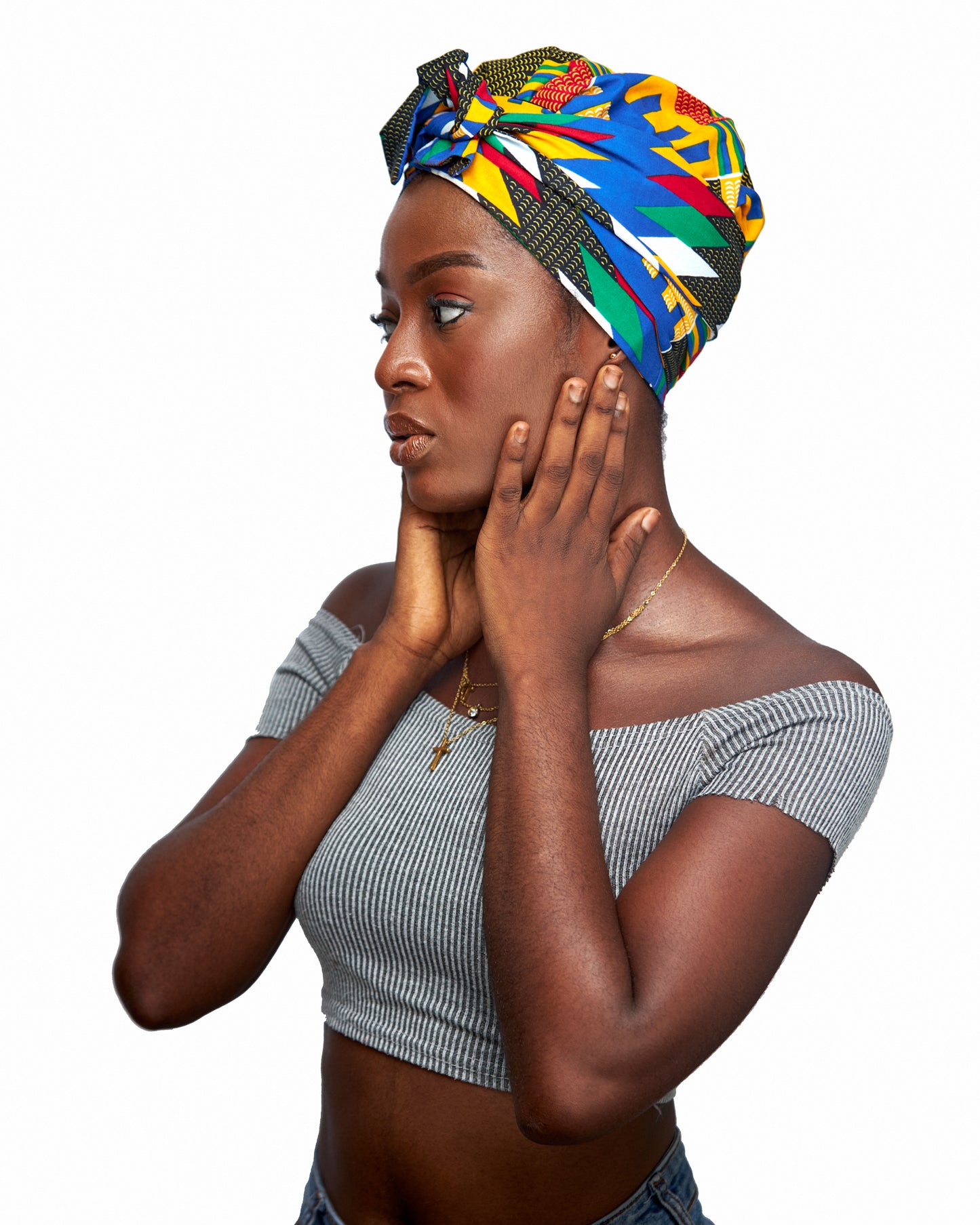 Ghanaian Kente Wax Print Made of Yellow, Red, Green, Black,Blue Blend of Beautiful Colours And Pattern With Adinkira Symbols, Hand Made Elastic Silklined Bonnet With Band