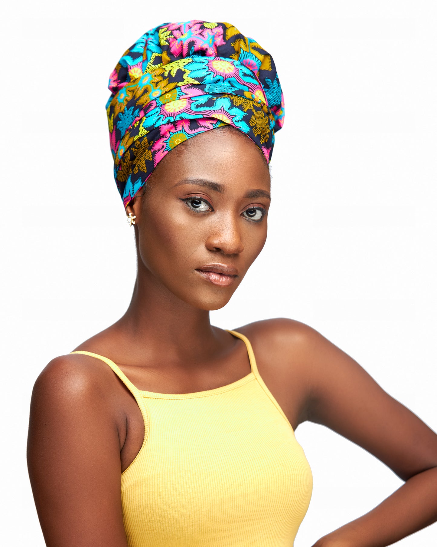 Ankara Wax Print Made of Yellow, Blue, Gold, And Pink Blend of Beautiful Colours And Pattern, Hand Made Elastic Silklined Bonnet With Band