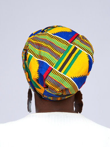 A Ghanaian Kente Wax Print Made of Blue, Green, Red ,Black and White Blended Beautiful Colours And Pattern, Hand Made Elastic Silklined Bonnet With Band